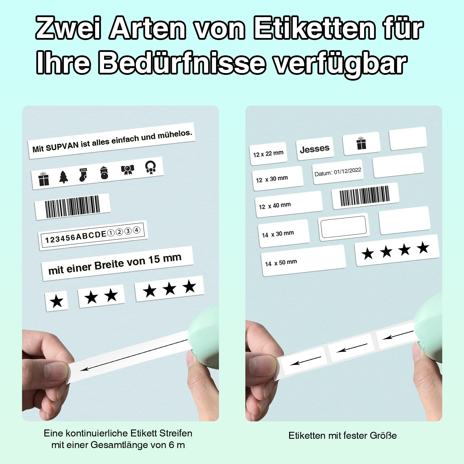 Hände, die Etiketten mit verschiedenen Designs und Texten halten, darunter Sterne und ein Barcode. Zwei Etikettendrucker werden gezeigt.