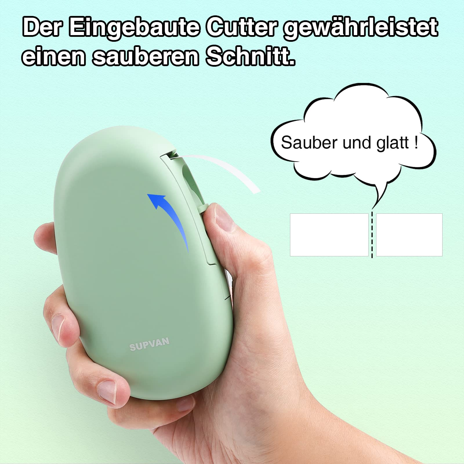 Eine Hand, die einen mintgrünen Etikettendrucker mit einer Sprechblase hält.