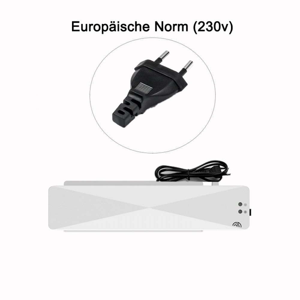 Schwarzer Netzstecker und weißer Laminator. Weißer Hintergrund.