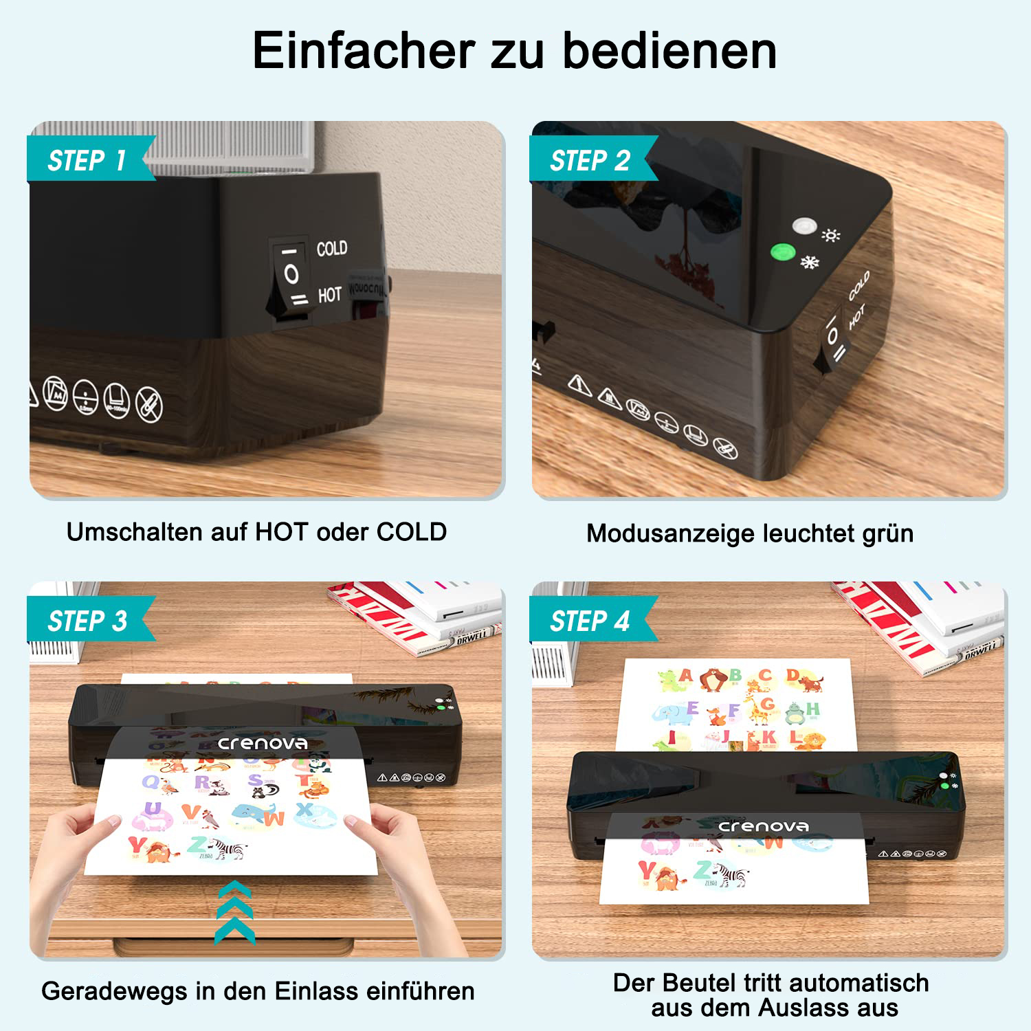 Ein Laminiergerät, das Anwendungsschritte mit Menü und Alphabetbeispielen zeigt.