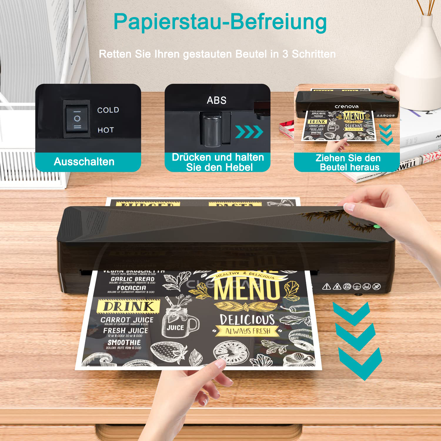Ein Laminiergerät mit Menü und Anweisungen auf einem Holztisch.