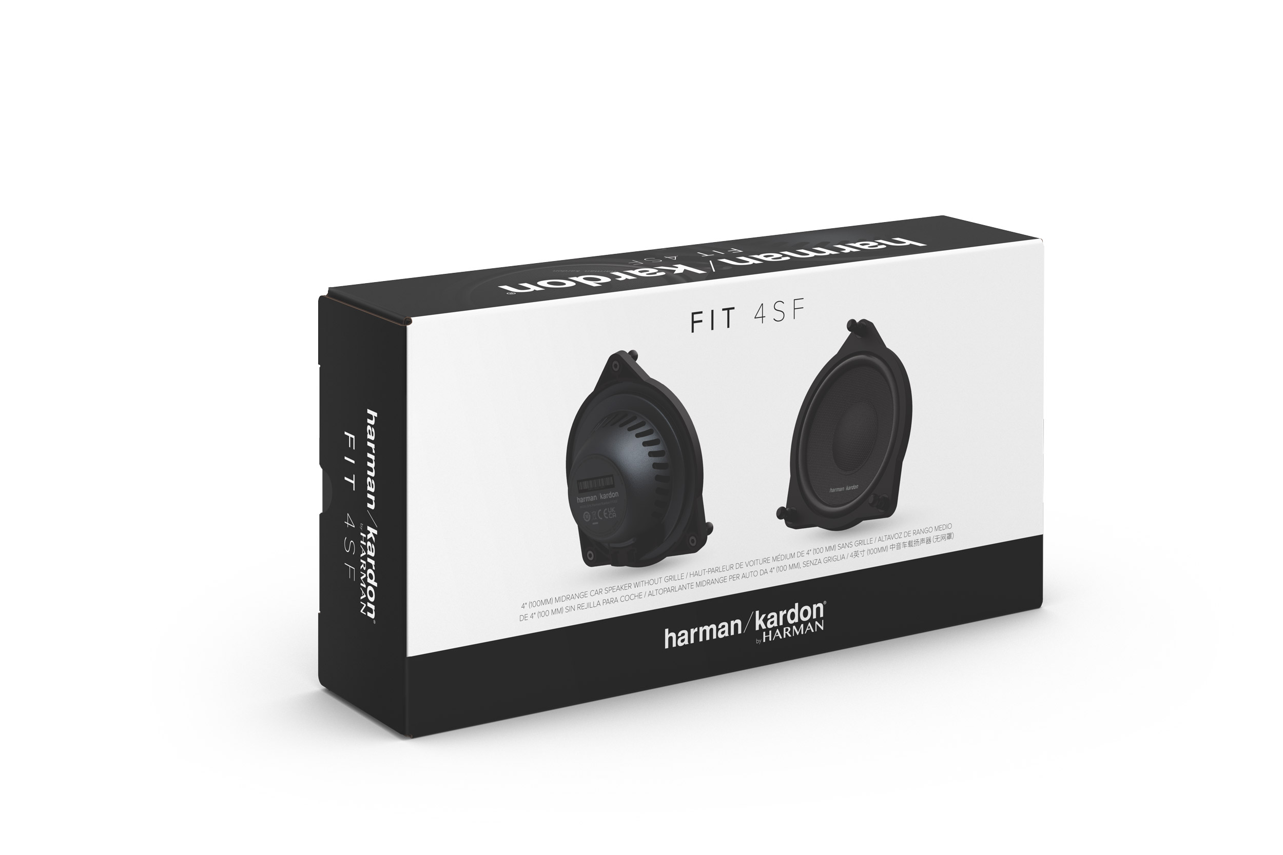 Eine schwarz-weiße Harman/Kardon-Lautsprecherbox, mit zwei sichtbaren Lautsprechern.