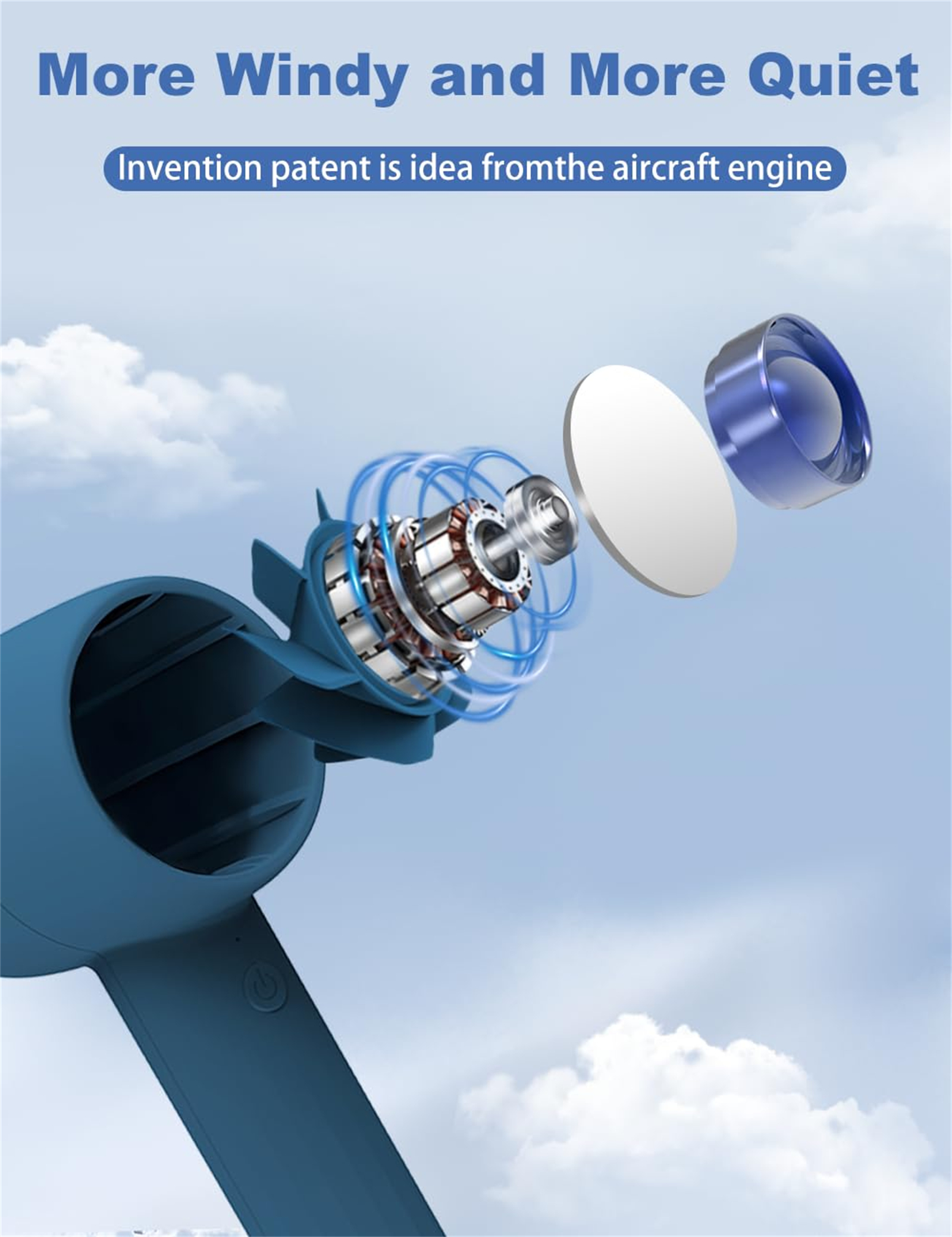 Nahaufnahme eines blauen Ventilators mit Innenkomponenten. Oben steht Text über die Erfindung.