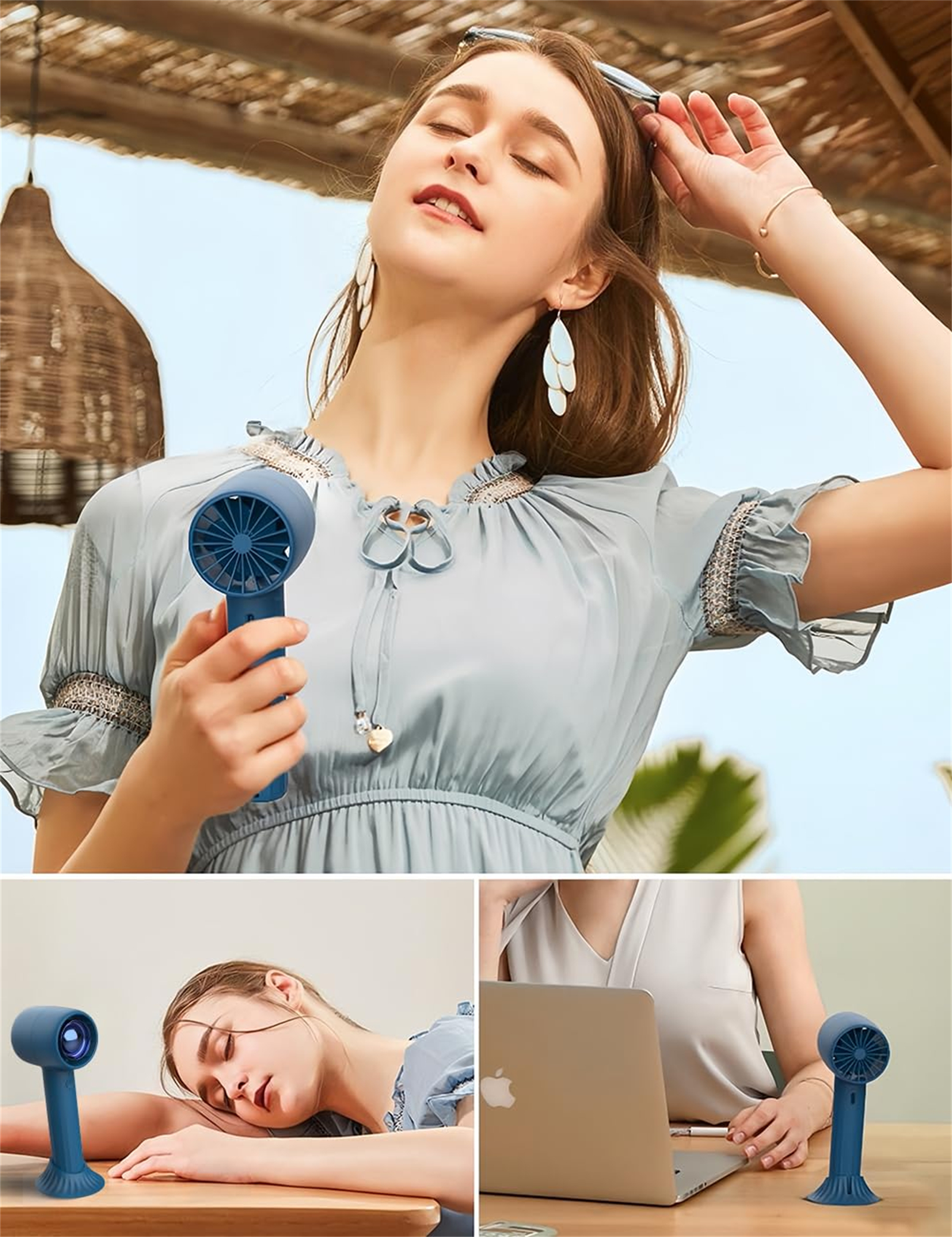 Eine Frau in blauem Kleid benutzt einen kleinen blauen Ventilator. Darunter drei kleinere Bilder.