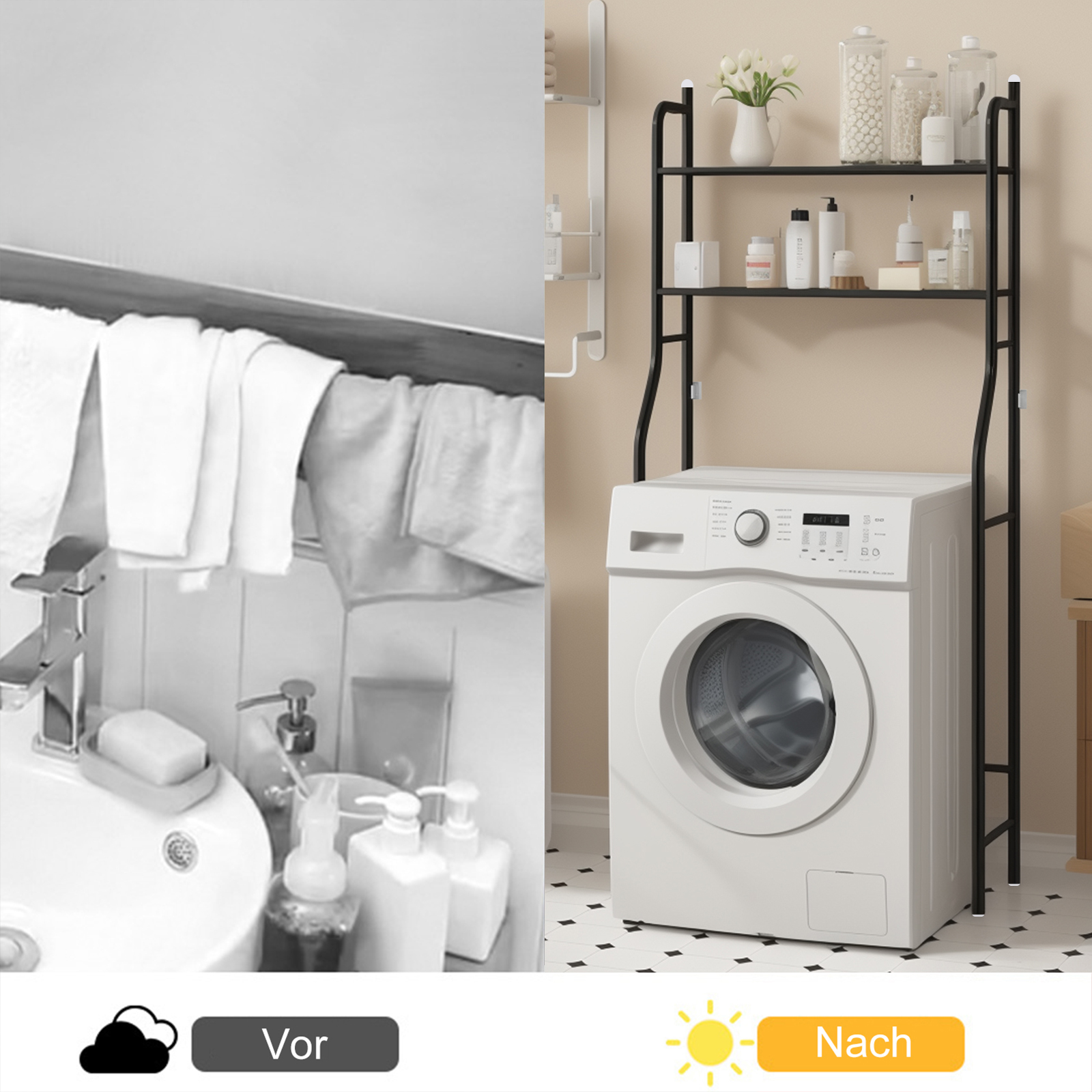 Ein Badezimmer mit Waschbecken und Waschmaschine. Ein Bild ist vorher, eines nachher.