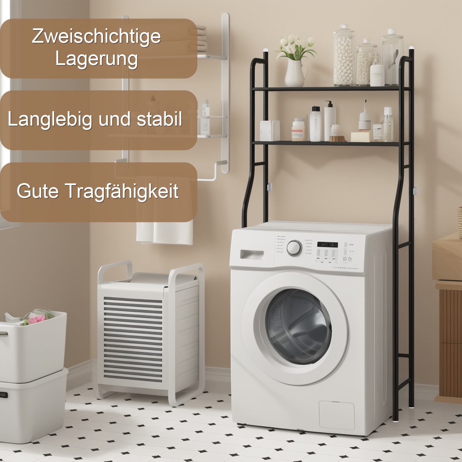 Ein schwarzes Metallregal über einer Waschmaschine. Das Regal hat Regale mit Gegenständen und einen Wäschekorb.