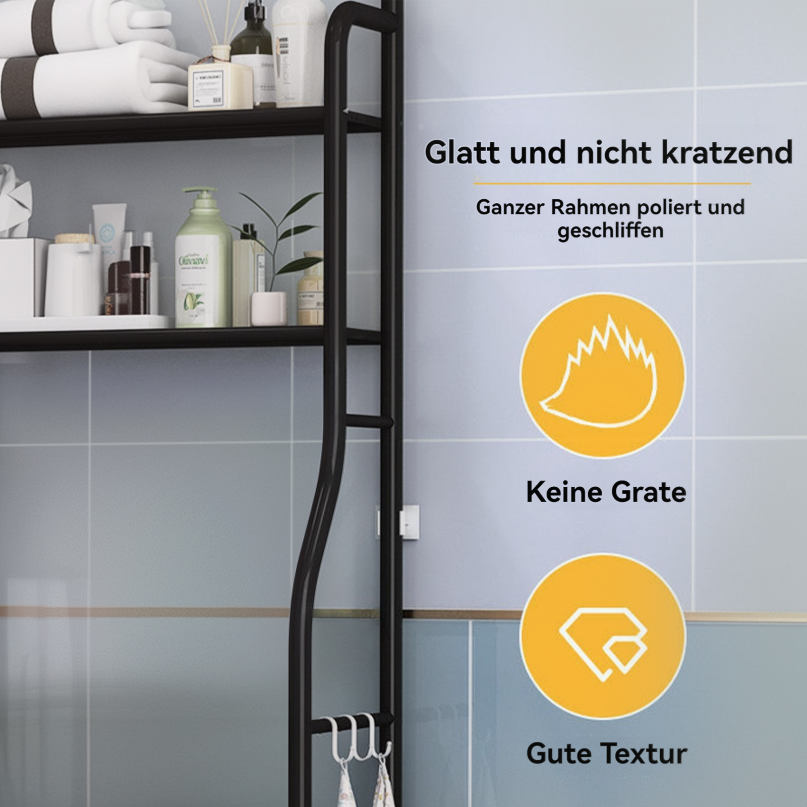Nahaufnahme eines schwarzen Metallregals. Es hat Text und gelbe Kreise mit Symbolen.
