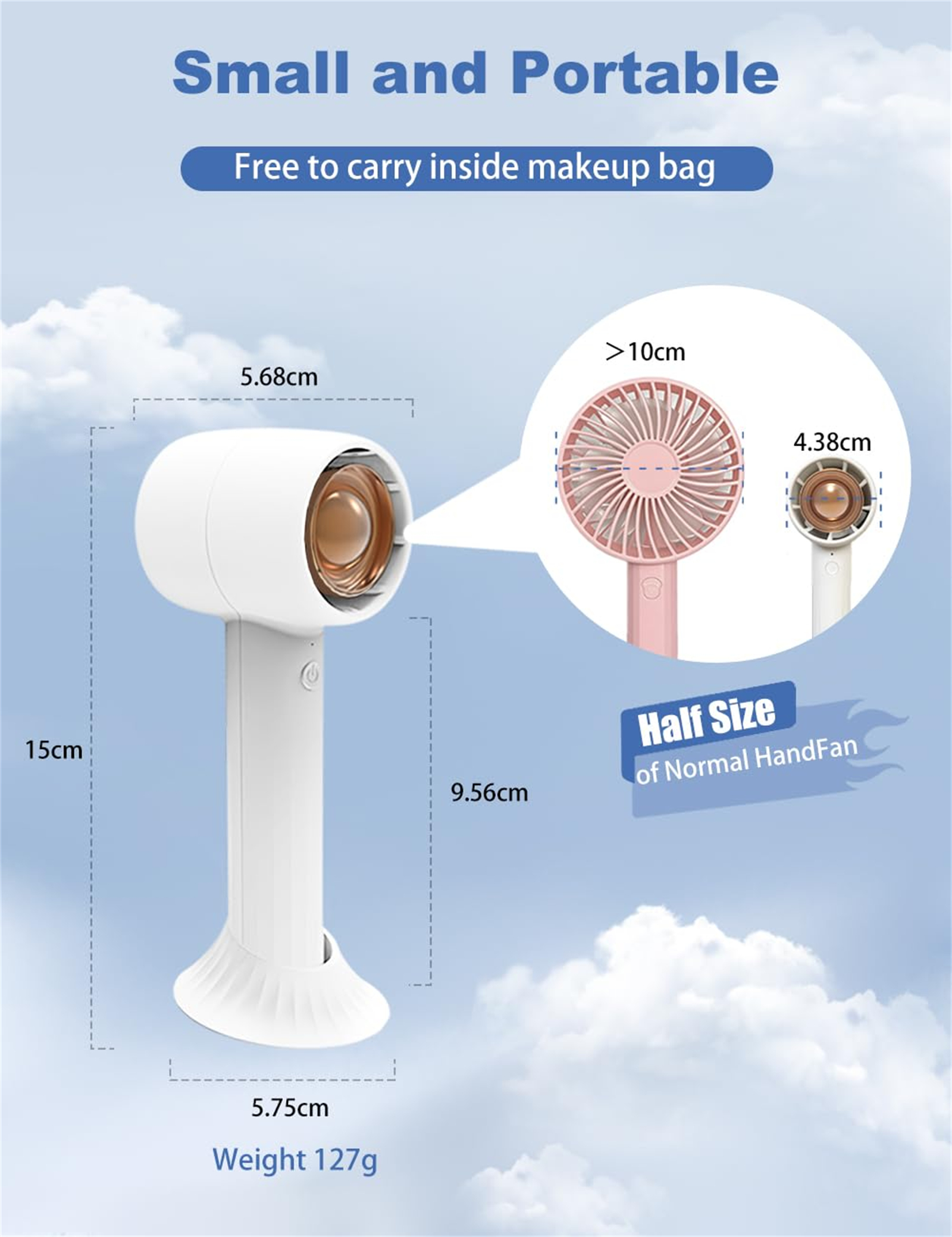 Weißer tragbarer Ventilator mit angezeigten Abmessungen. Text besagt: Klein und tragbar, kostenlos zum Tragen in der Make-up-Tasche.