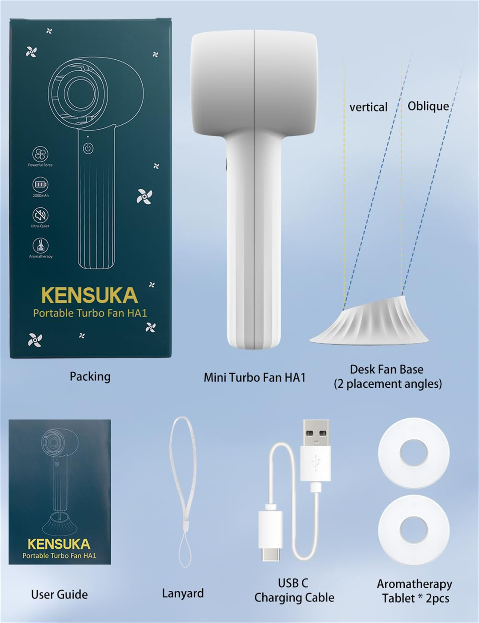 Produkt: Lüfter, Verpackung, Benutzerhandbuch, Schlüsselband, USB-C-Kabel, Aromatherapie-Tabletten. Weißer Lüfter auf schwarzer Box.