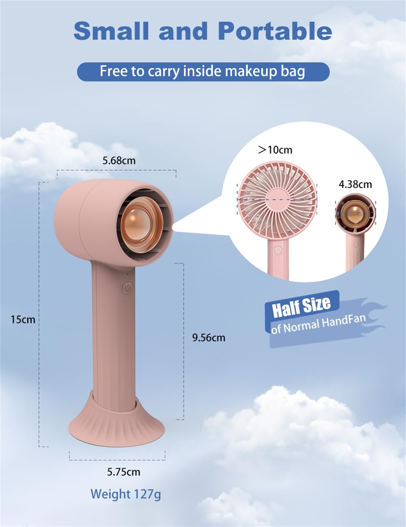 Rosa Handventilator mit Maßen: Höhe 15 cm, Breite 5,75 cm, Durchmesser 5,68 cm, Gewicht 127 g.