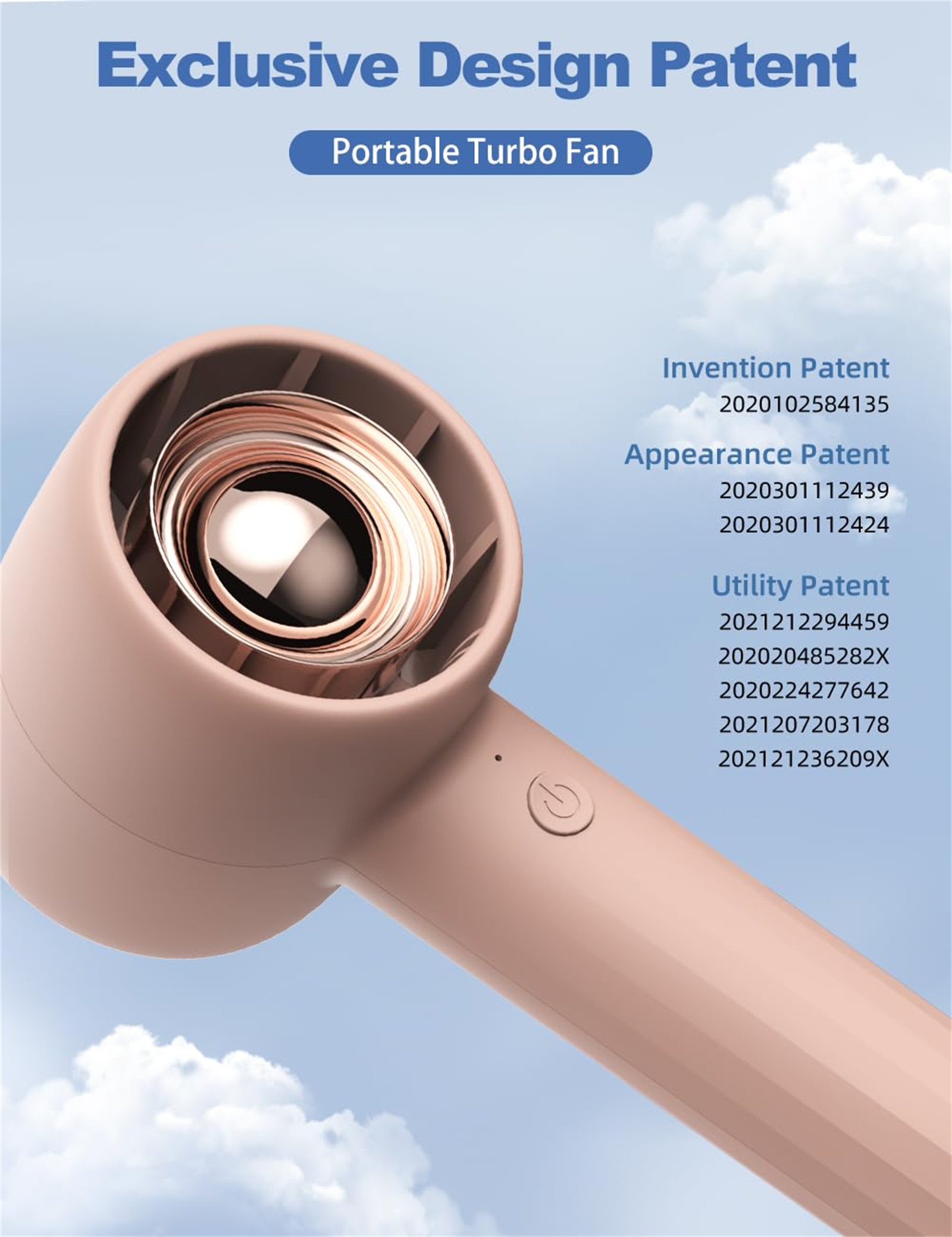 Nahaufnahme eines rosa Handventilators mit Designpatenten, vor einem bewölkten Himmelshintergrund.