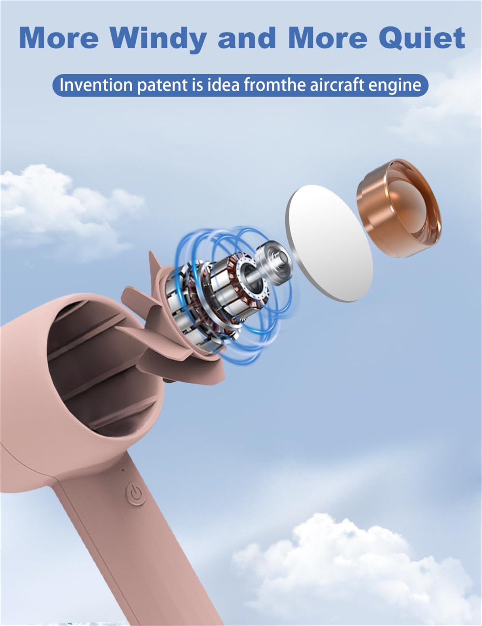 Explodierte Ansicht eines rosa Handventilators, die interne Komponenten vor einem Himmel mit Wolken zeigt.