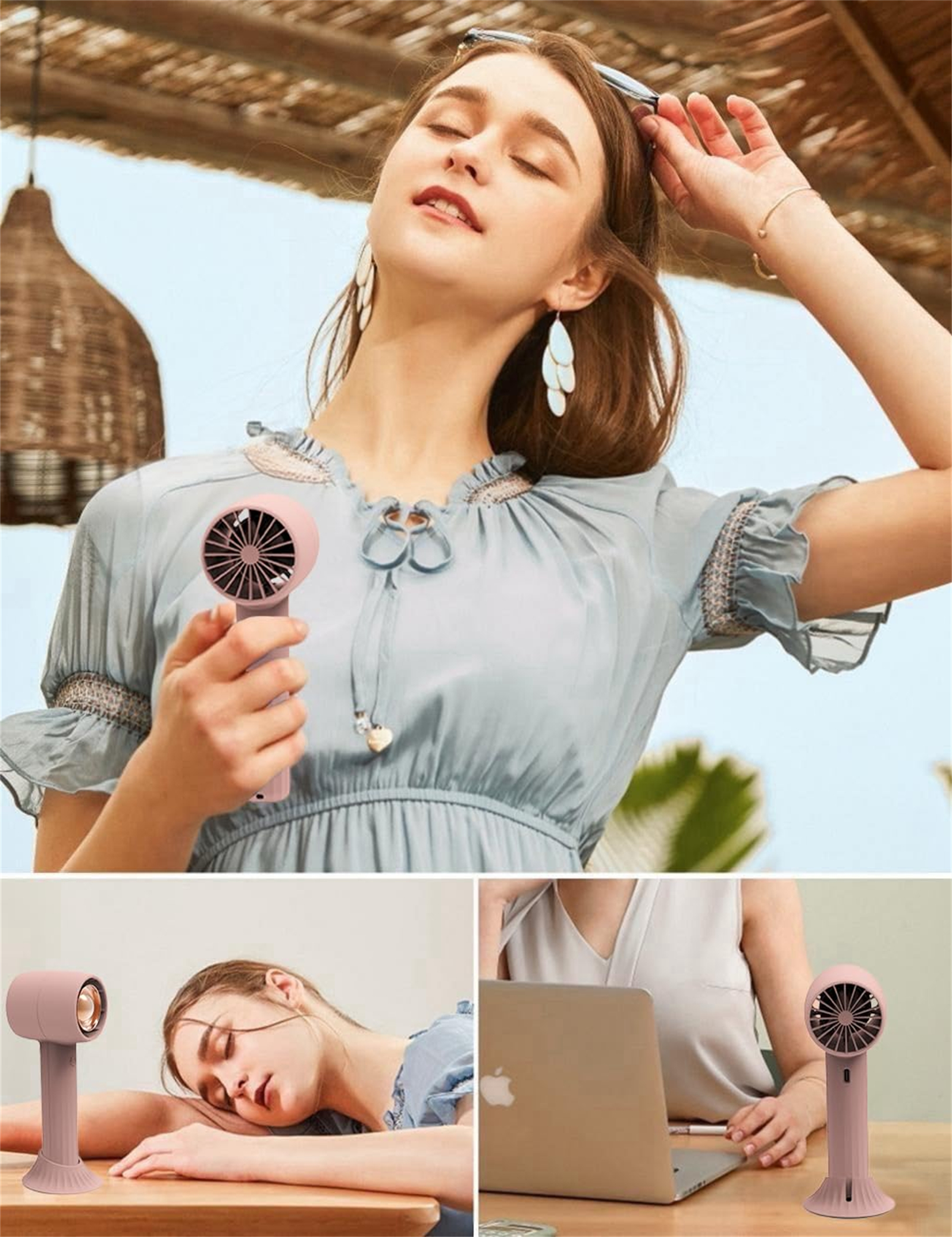 Frau hält weißen Ventilator. Weitere Szenen zeigen Ventilator auf einem Schreibtisch und in der Nähe eines Laptops. Sonniger Außenbereich.