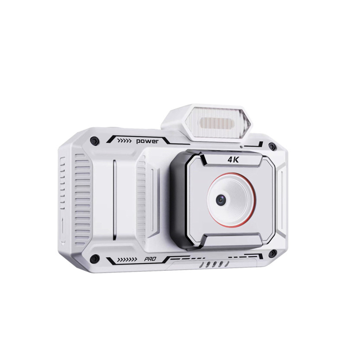 Witte camera met rode details op een wit oppervlak. Tekst: 4K, Pro en Power. Het is een robuuste camera.