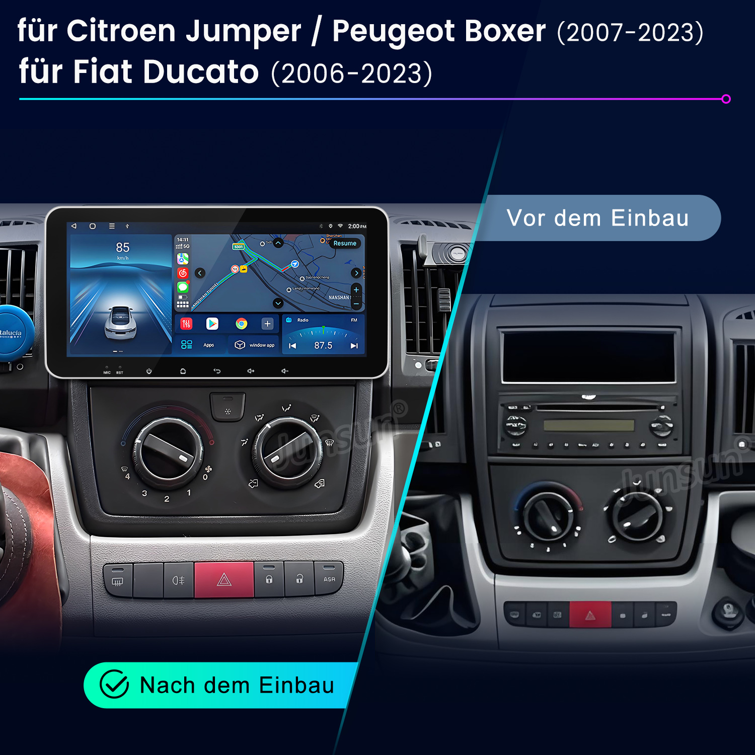 Armaturenbrett eines Autos vor und nach der Installation eines Bildschirms. Der Bildschirm zeigt Karte und Fahrzeuginfos.