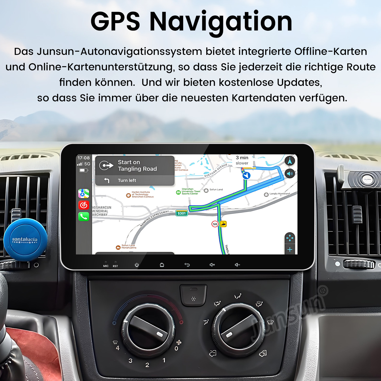 Ein Auto-Navigationssystem-Bildschirm mit einer Karte, einer Route und Tasten.