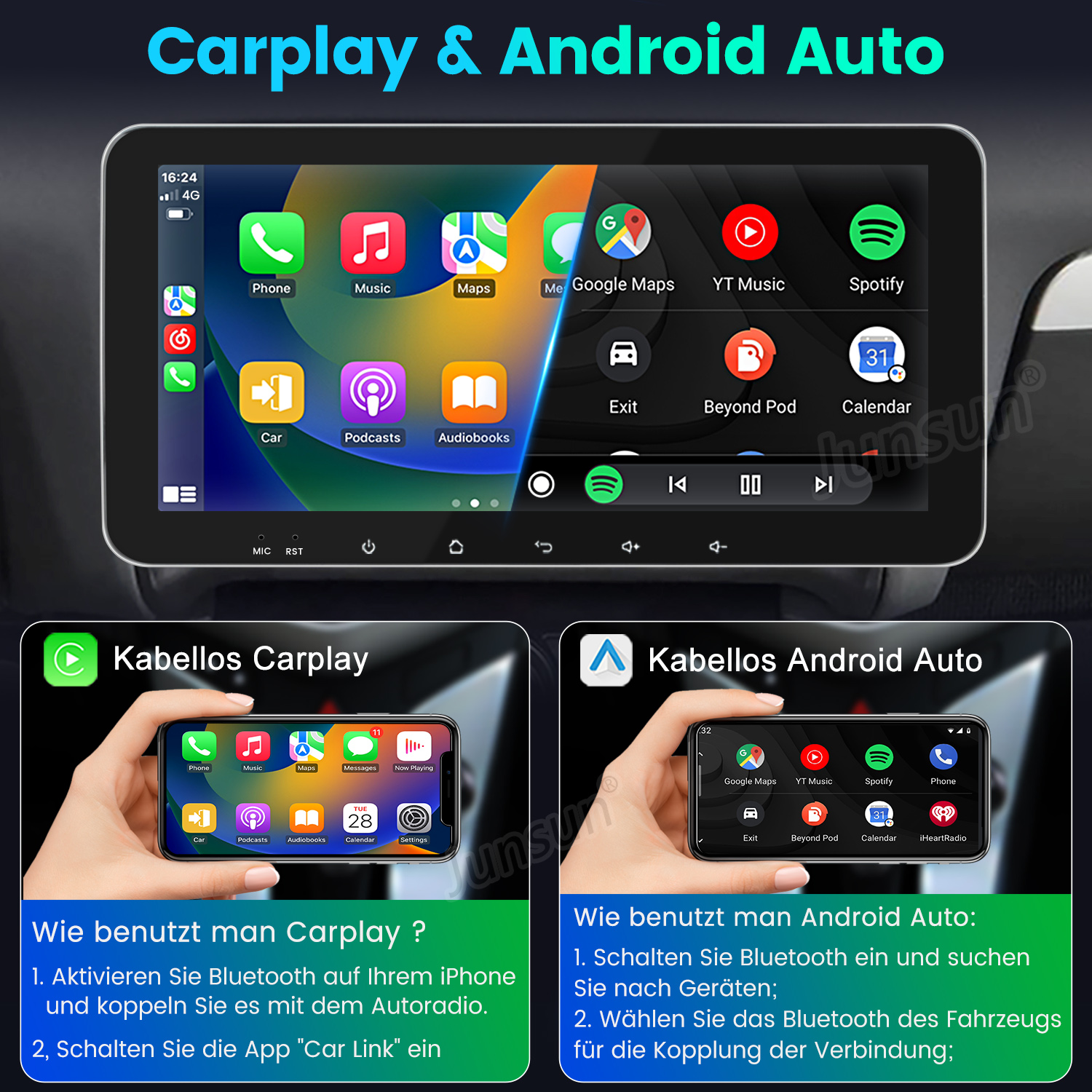 CarPlay und Android Auto auf einem Autoradio. App-Icons und Diagramme. Text erklärt die Nutzung.