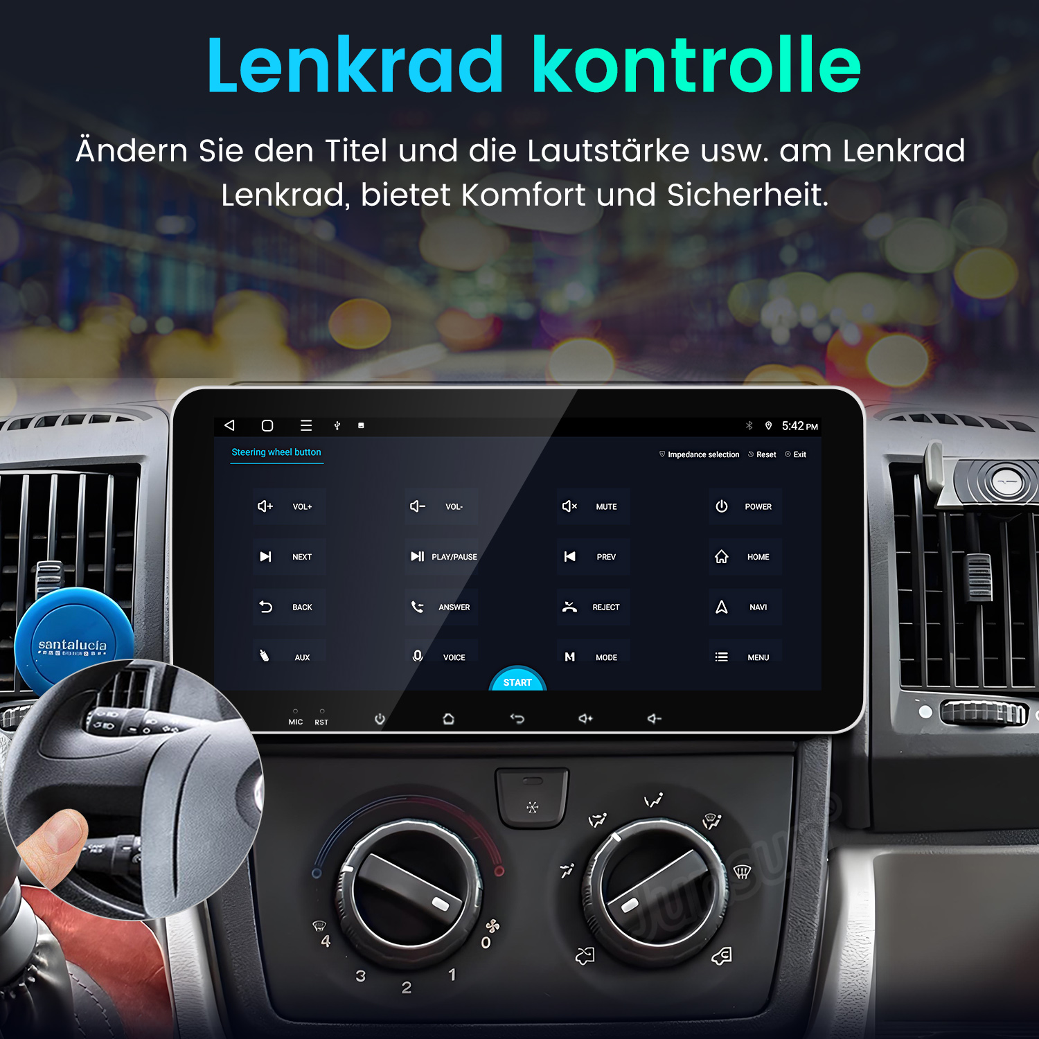 Das Infotainment-System eines Autos zeigt Lenkradbedienelemente mit einer detaillierten Ansicht des Lenkrads selbst.