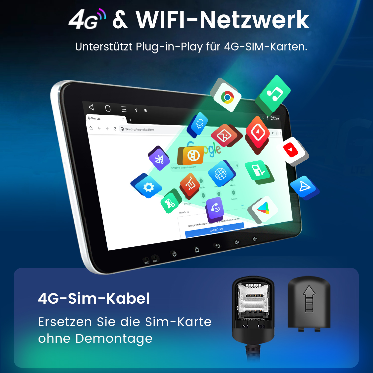 Tablet mit Webbrowser und App-Icons. SIM-Karten-Slot und 4G-Sim-Kabel sind ebenfalls zu sehen.