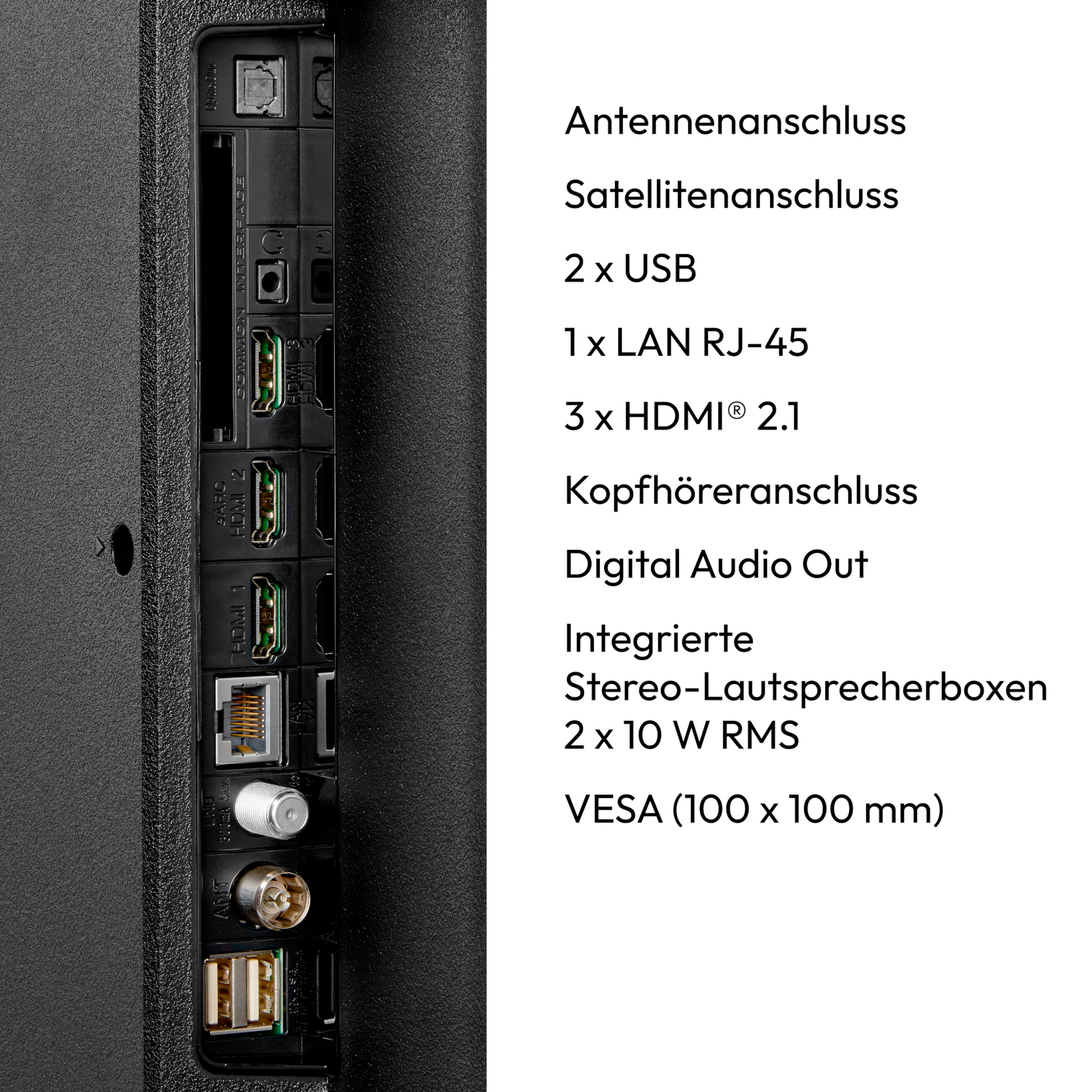 Nahaufnahme der Rückseite eines schwarzen Geräts mit verschiedenen Anschlüssen.