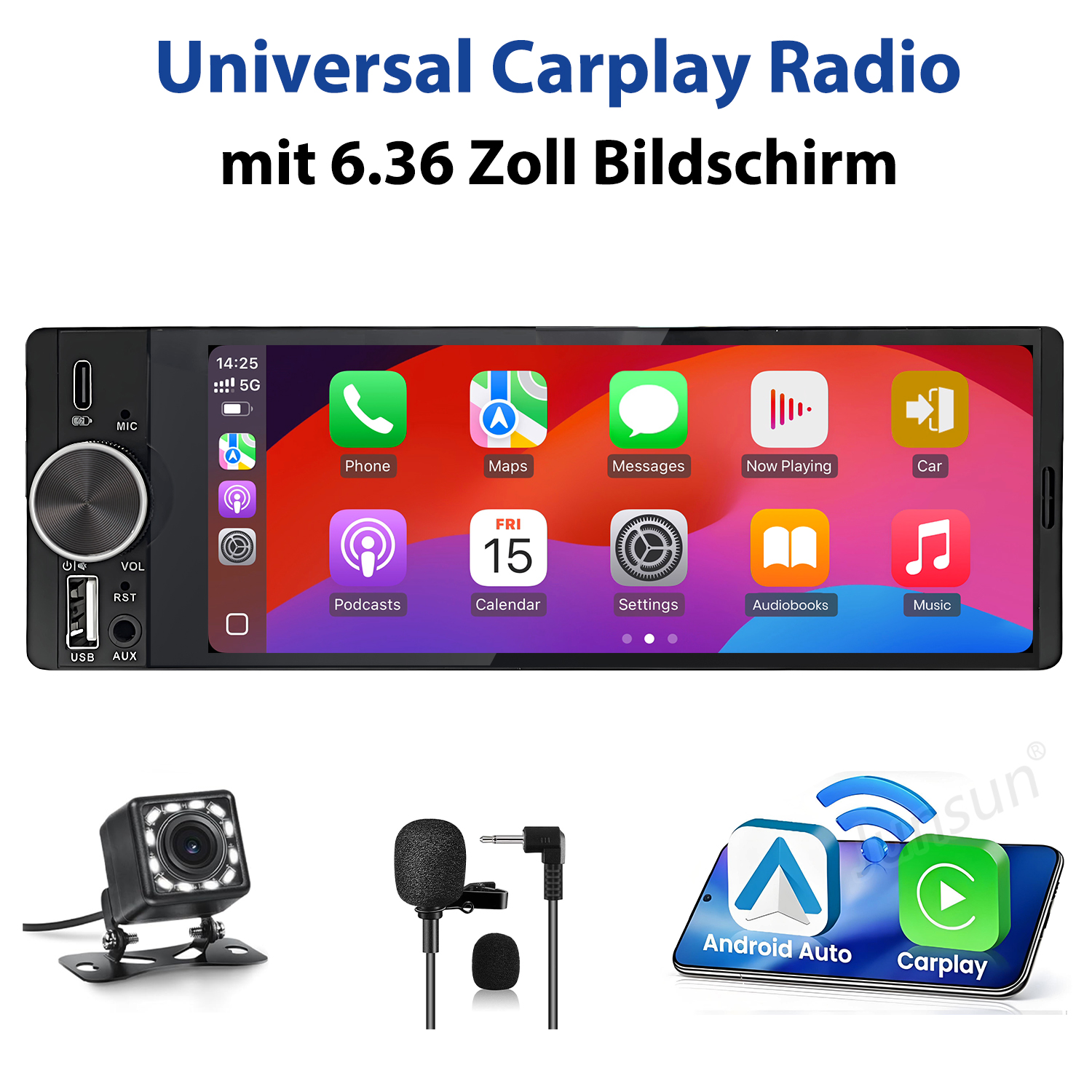 Autoradio mit CarPlay-Oberfläche. Inkl. Kamera, Mikrofon und CarPlay/Android Auto Icons.