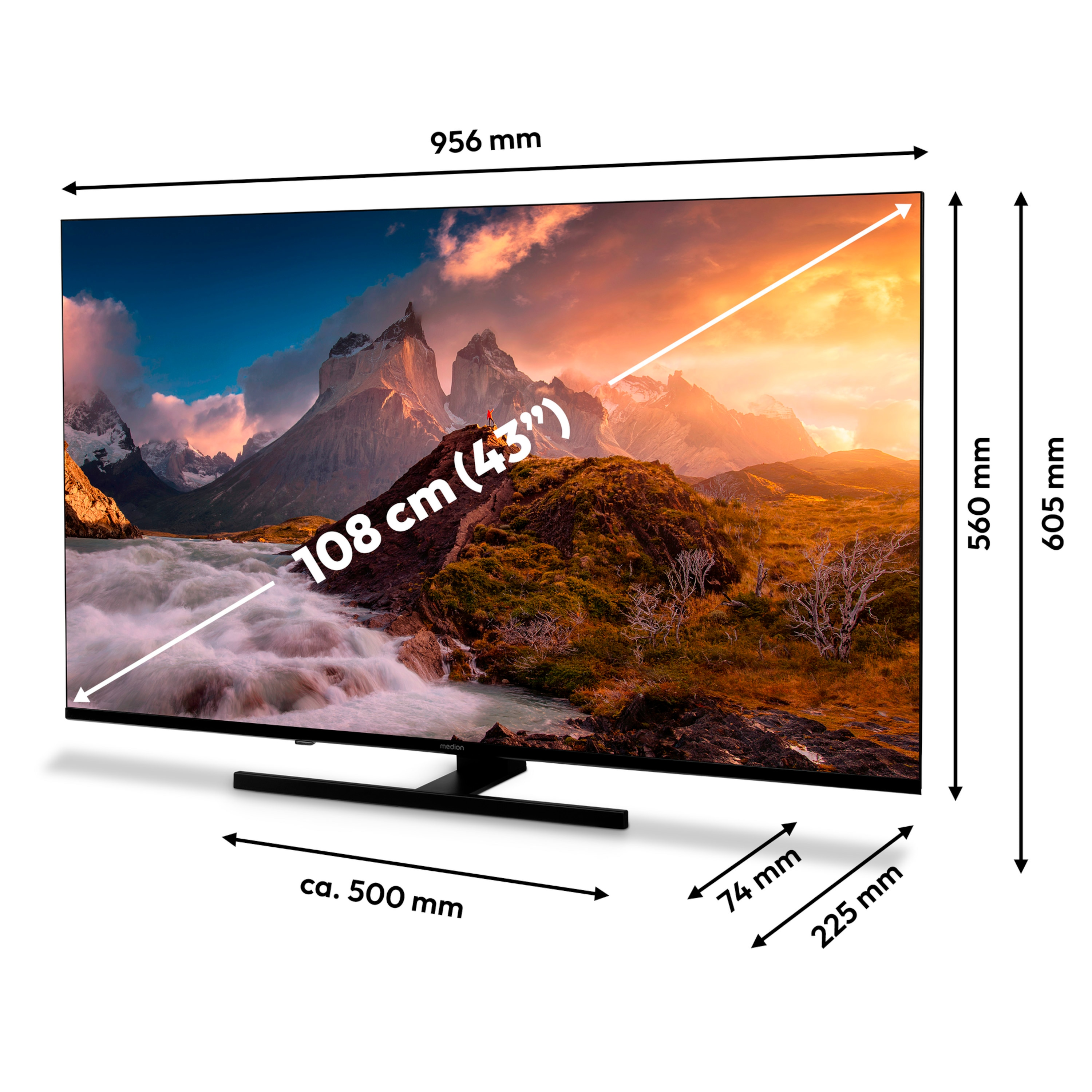Ein 43-Zoll-Fernseher mit Berglandschaft auf dem Bildschirm. Abmessungen sind angegeben: 956 mm breit, 108 cm Diagonale.
