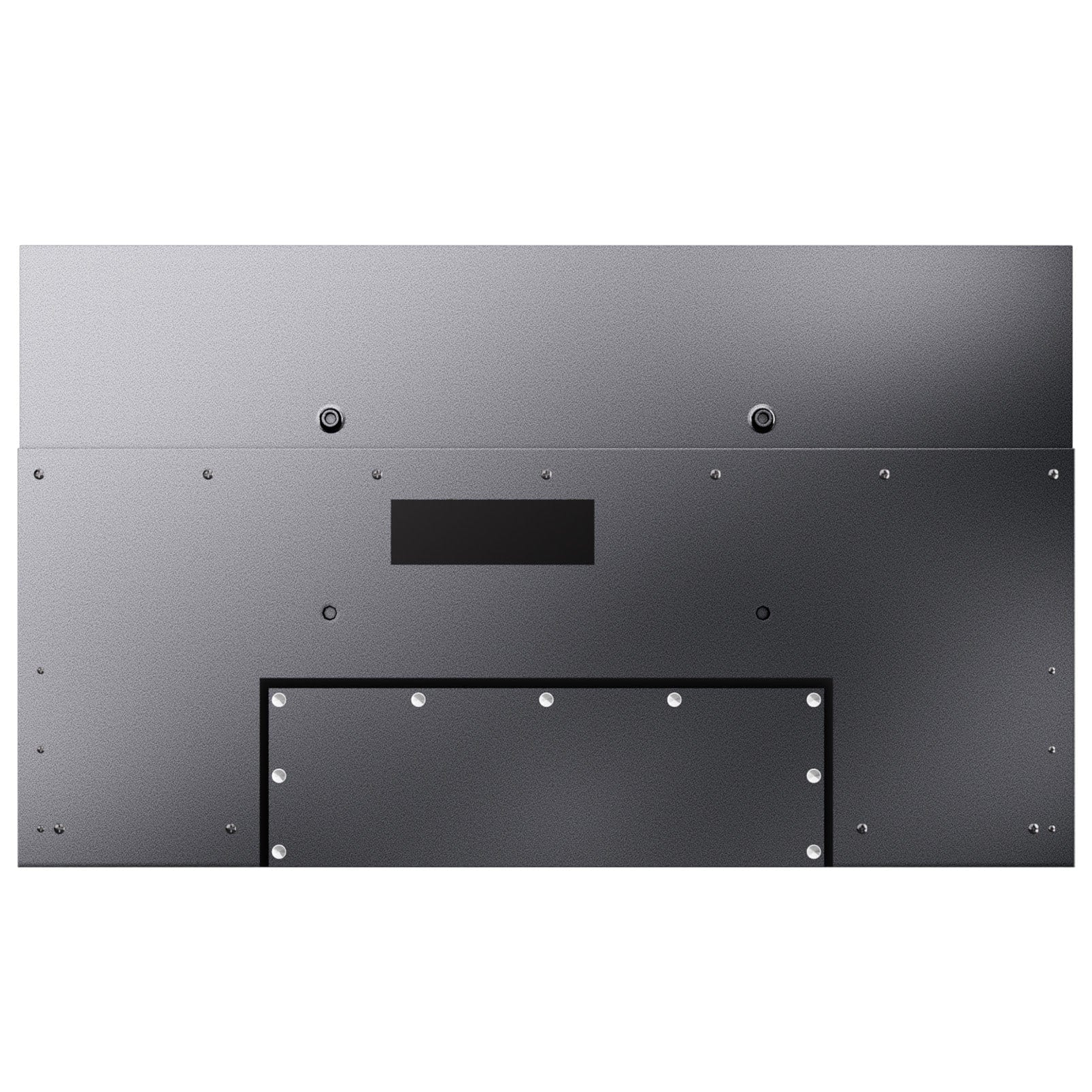Rückseite eines Fernsehers. Eine graue Metallrückwand mit verschiedenen Anschlüssen, Schrauben und einer rechteckigen Zugangsklappe.