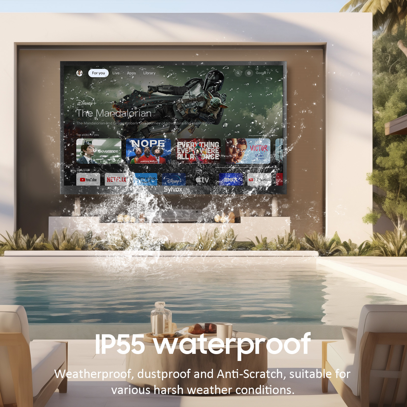 Ein Fernsehbildschirm mit Wasserspritzern, Text und einem Pool.
