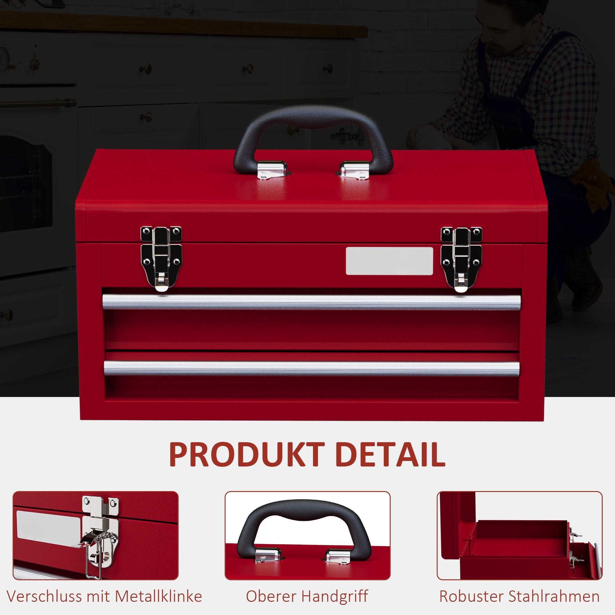 Eine rote Werkzeugkiste mit Schubladen und Griff. Details: Metallverschlüsse, Griff und Stahlrahmen. Produktdetail.
