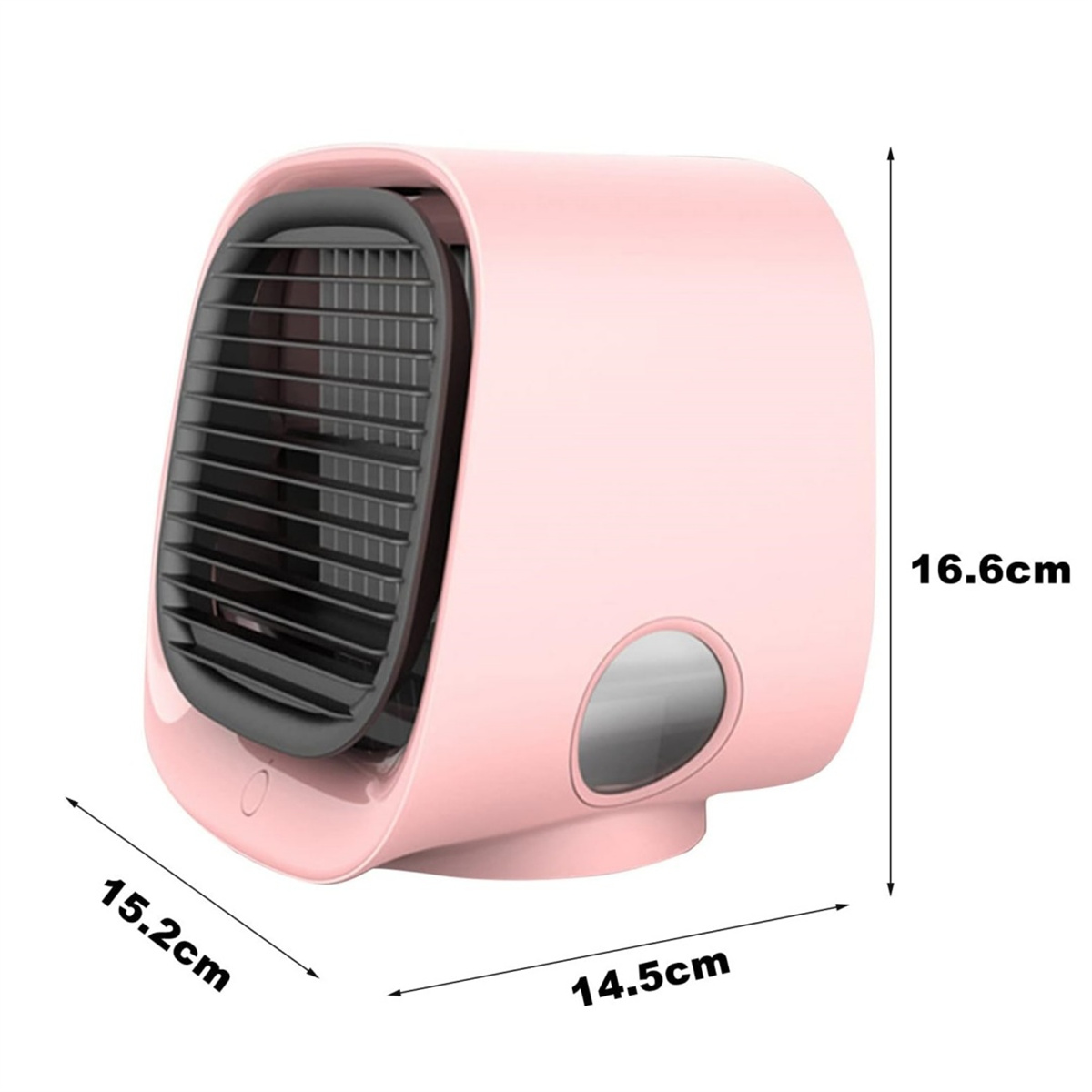 Ein kleiner rosa Luftkühler mit angegebenen Abmessungen. Er hat einen Ventilator und ein rundes Loch. Weißer Hintergrund.