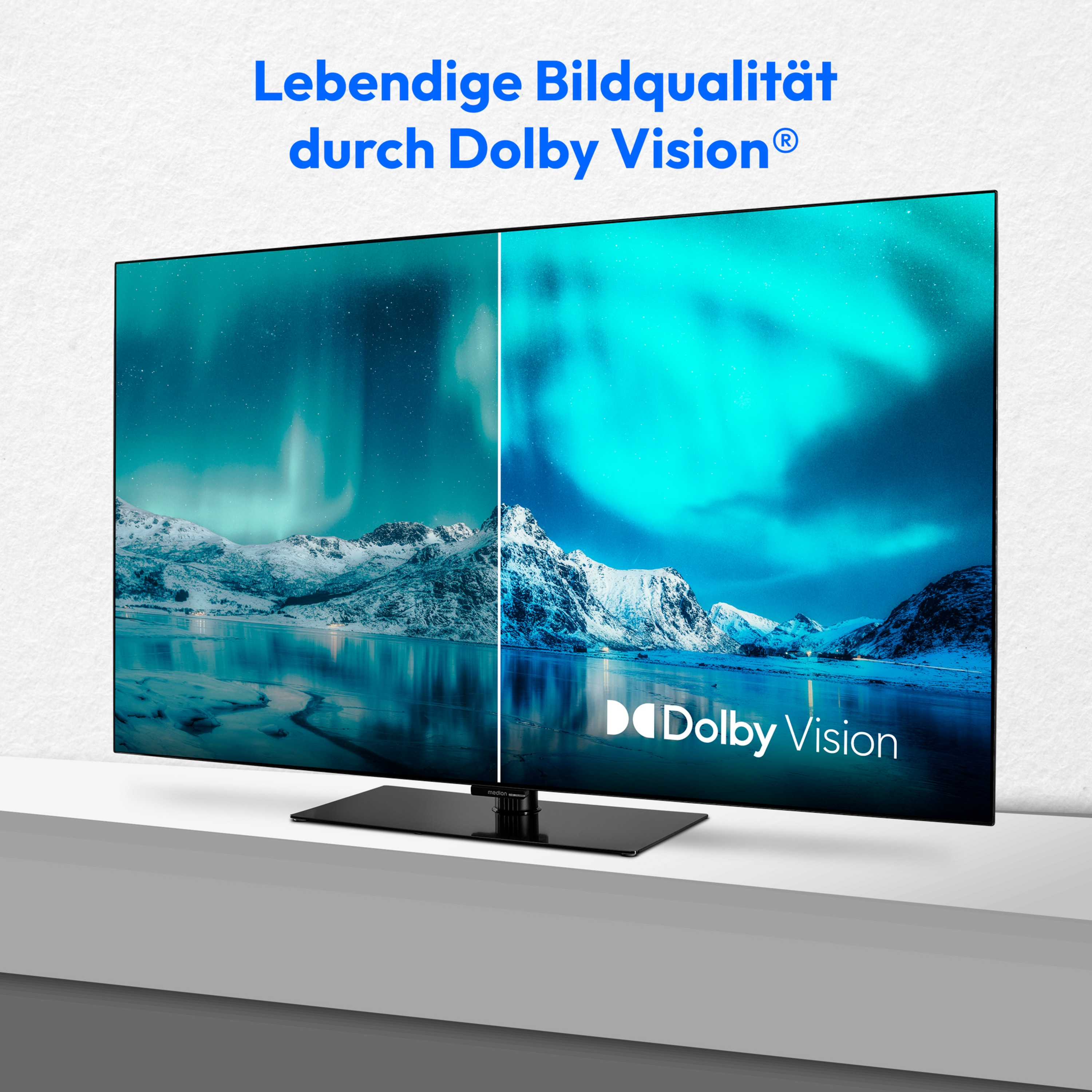Ein Fernsehbildschirm mit arktischer Landschaft, geteilt mit Dolby Vision Text.