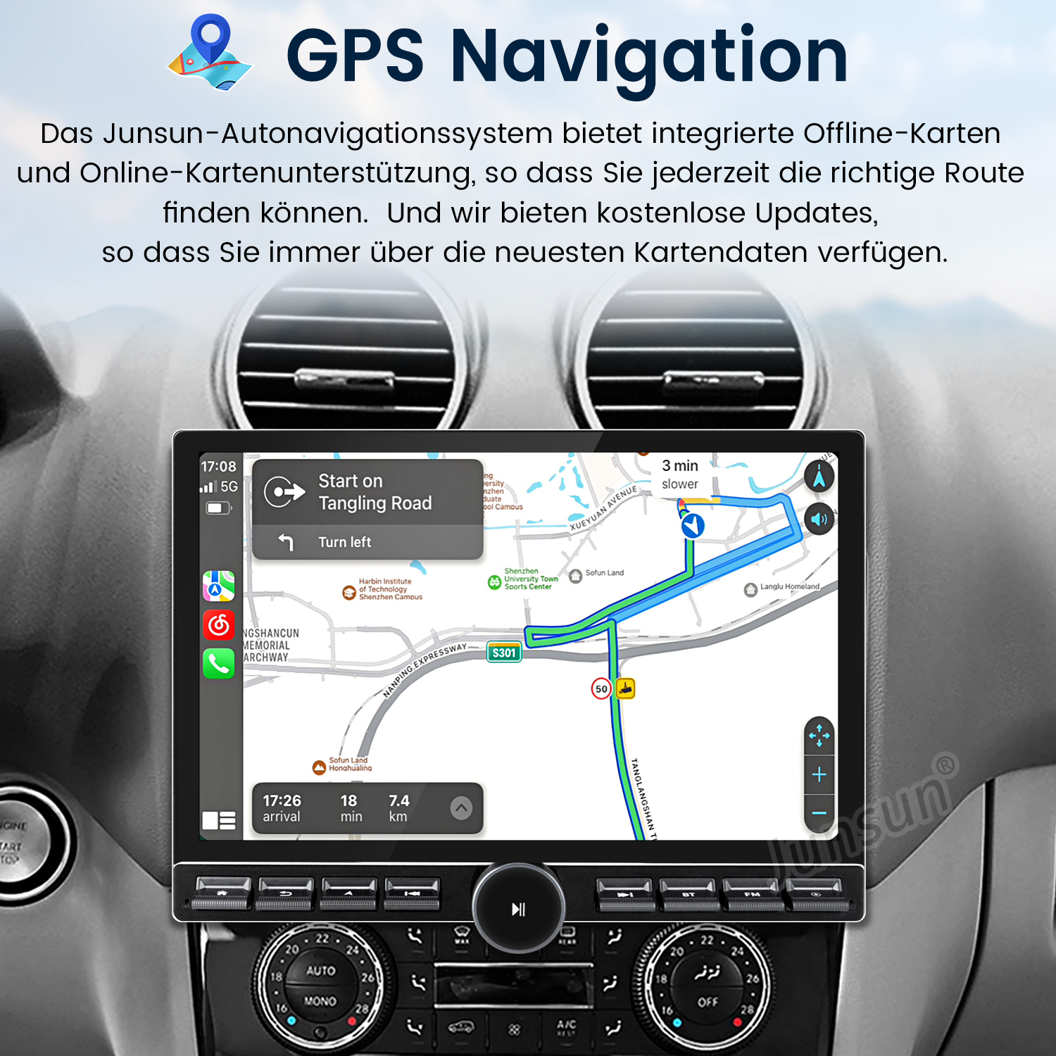 Armaturenbrett mit GPS-Navigationsbildschirm, der eine Route anzeigt. Text: GPS-Navigation.