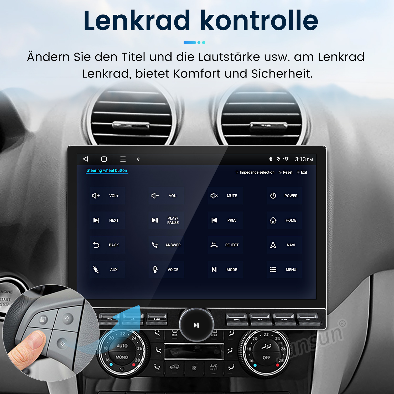 Bildschirm des Auto-Multimediasystems. Zeigt den Innenraum des Autos mit Steuertasten, der Text 'Lenkrad kontrolle'.