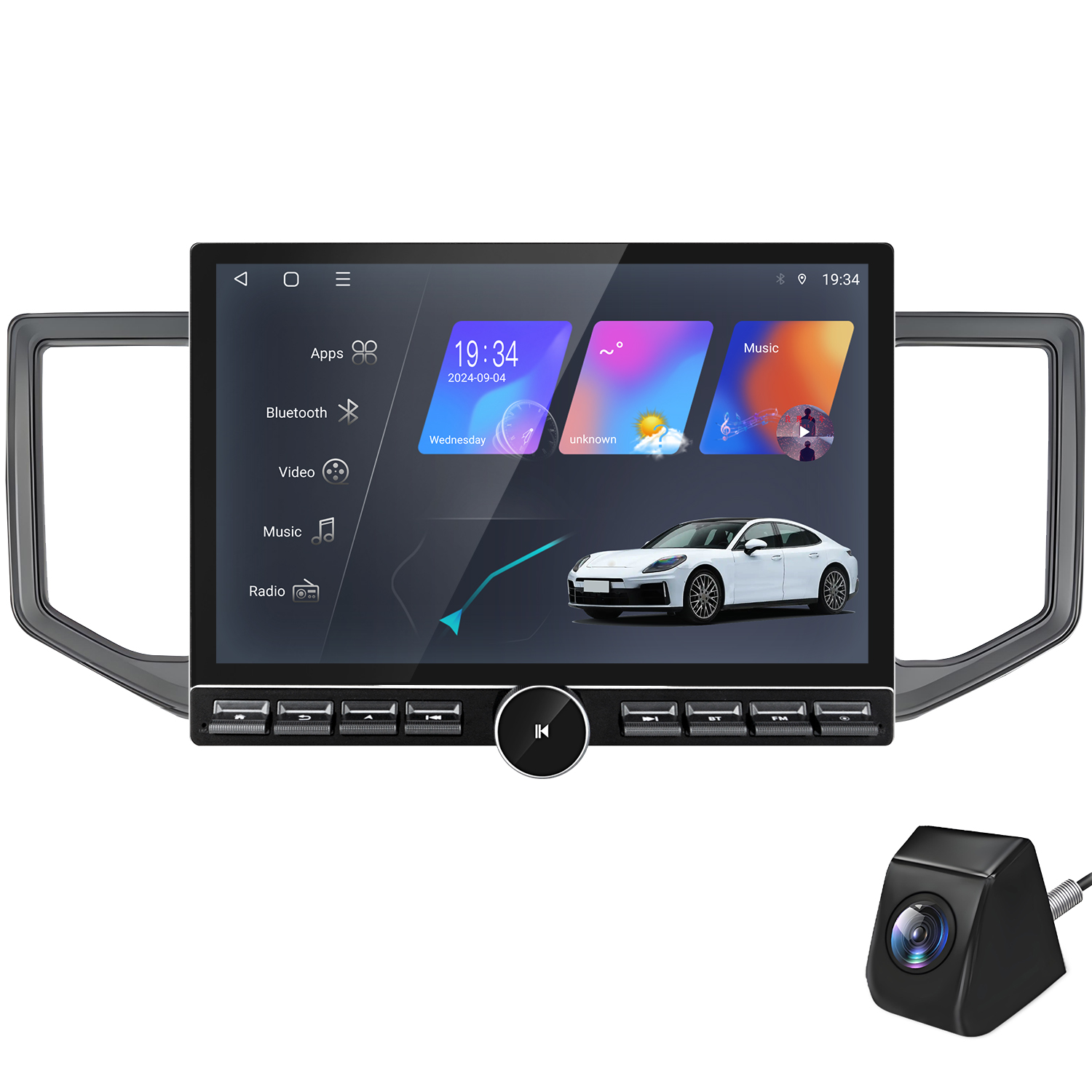 Ein Auto-Multimediasystem mit einem Bildschirm, der das Innere des Autos anzeigt, eine Rückfahrkamera wird gezeigt.