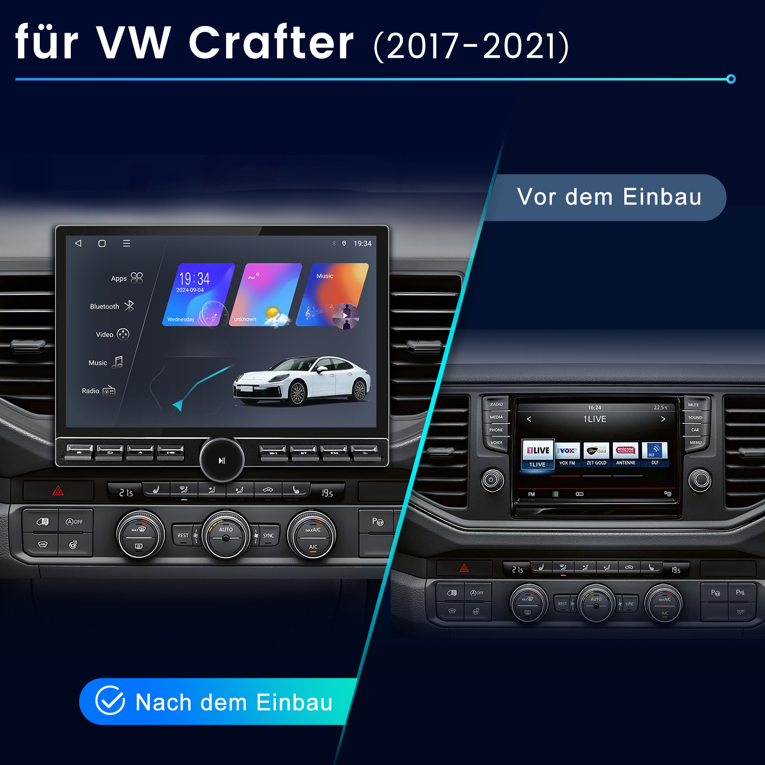 Ein Armaturenbrett mit einem Bildschirm, der ein Navigationssystem anzeigt. Der obere Text lautet: fur VW Crafter.