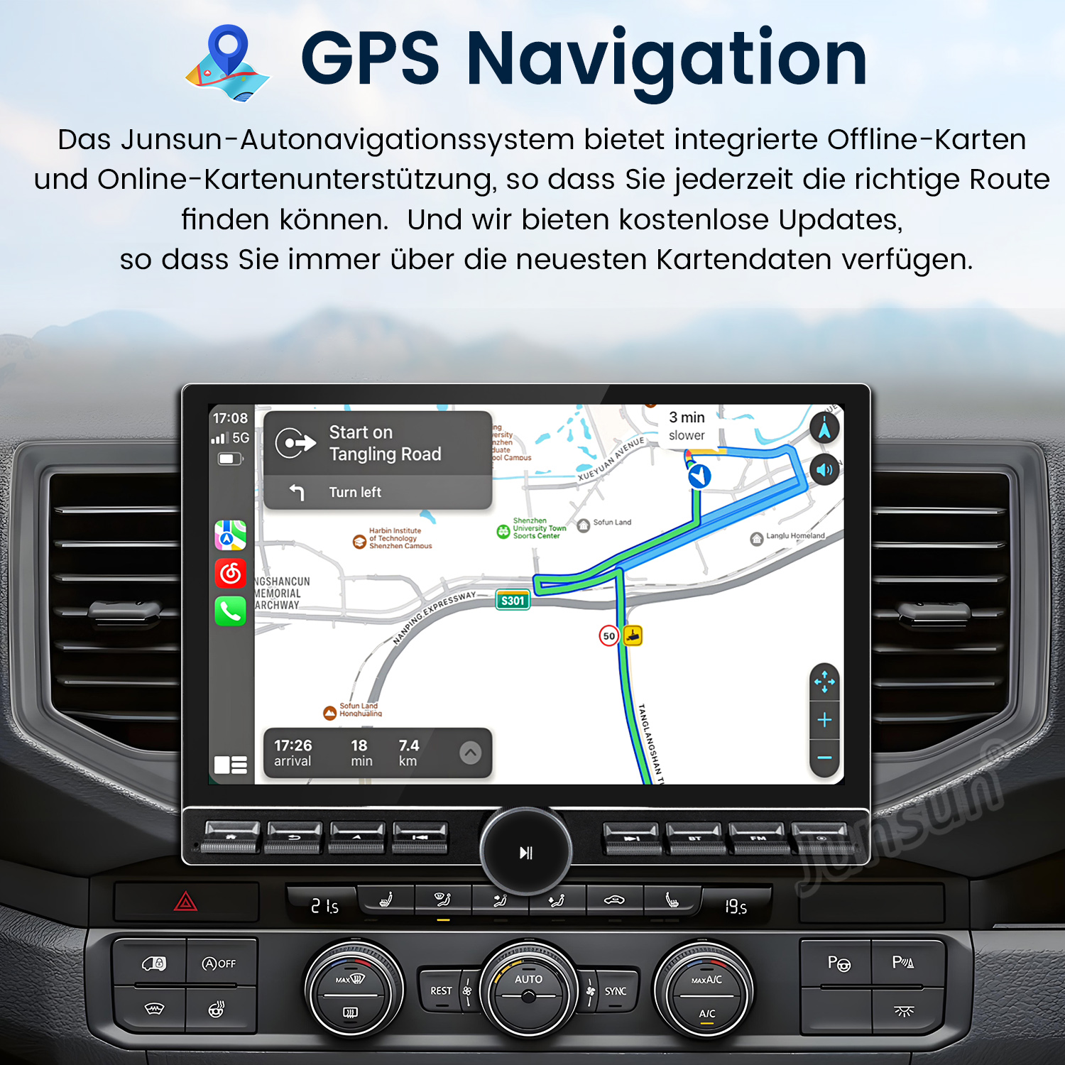 Armaturenbrett mit GPS-Navigationsbildschirm, der eine Route anzeigt. Text: GPS-Navigation.
