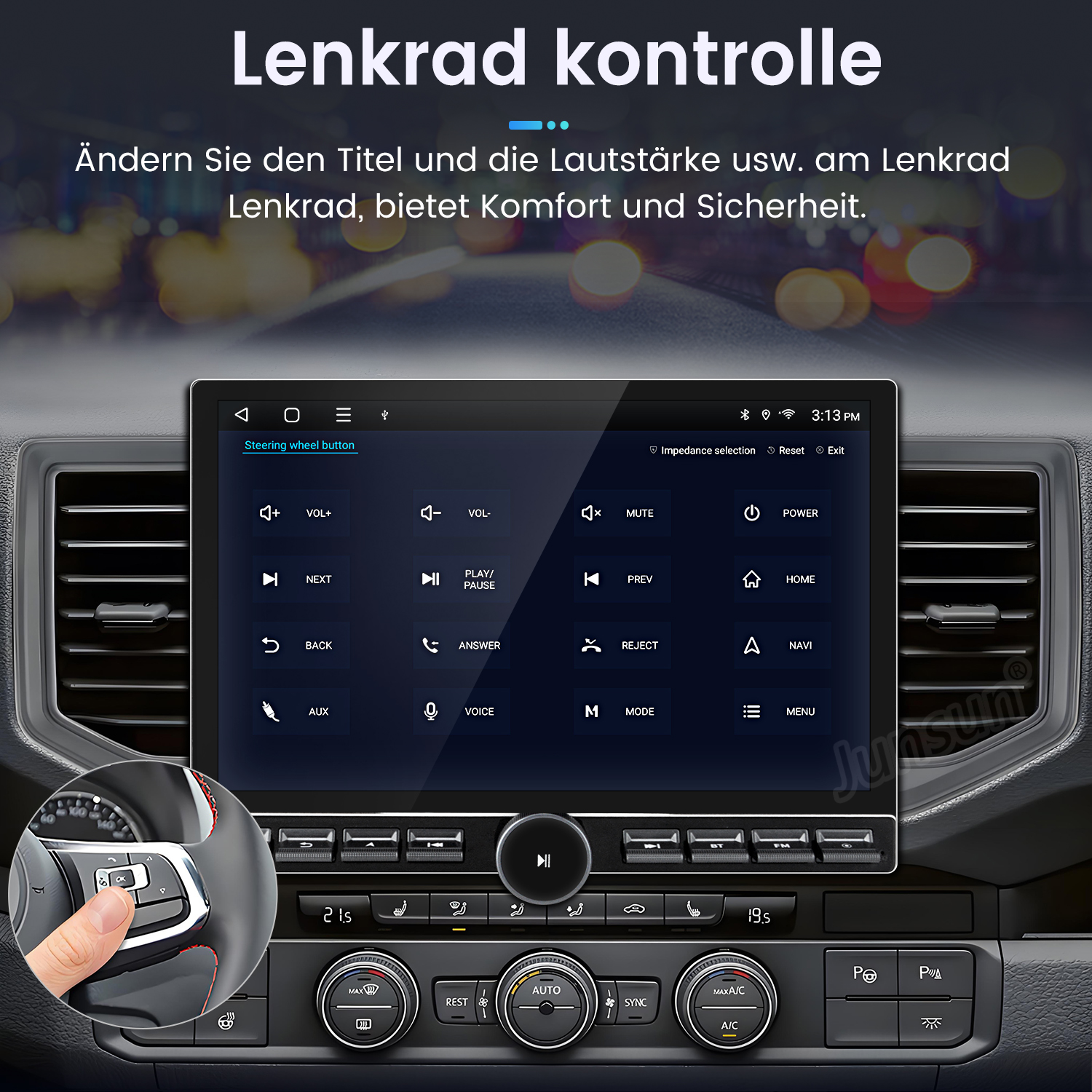 Ein Armaturenbrett eines Autos mit einem Bildschirm mit Steuertasten und einer Hand am Lenkrad links.