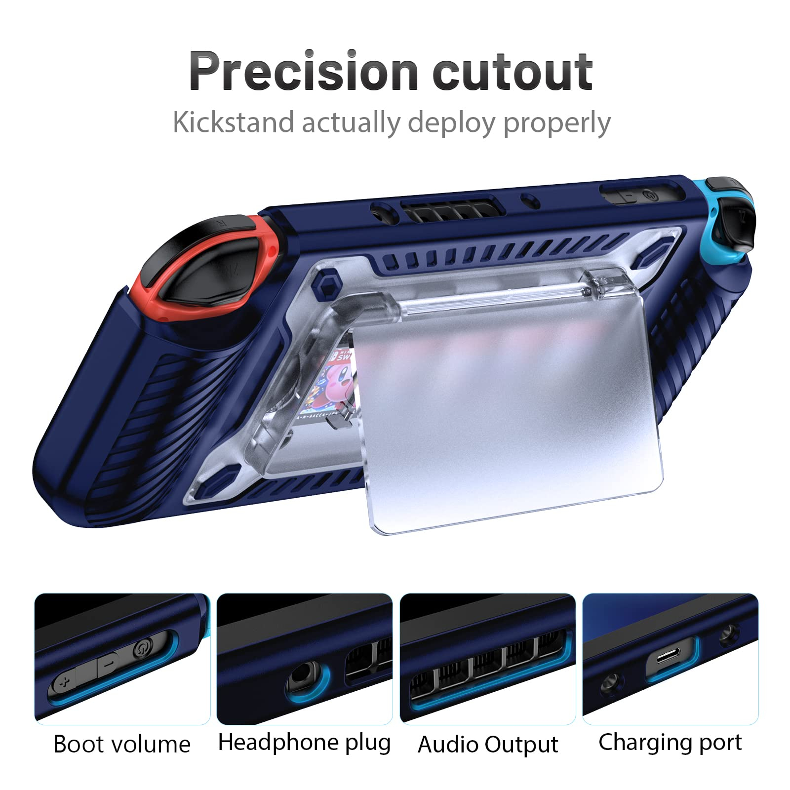 Blau-rotes Nintendo Switch-Case mit ausgefahrenem Ständer. Enthält Anschlüsse und Lautstärketasten.