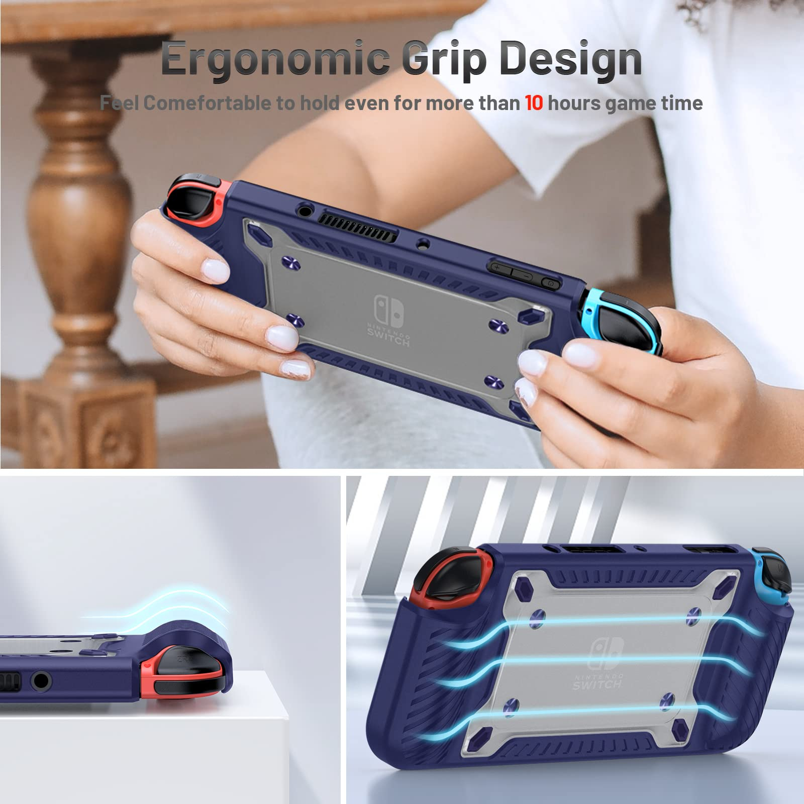 Hände halten einen blau-orangenen Nintendo Switch. Die Rückseite des Switch wird gezeigt. Der Hintergrund ist eine helle Oberfläche.