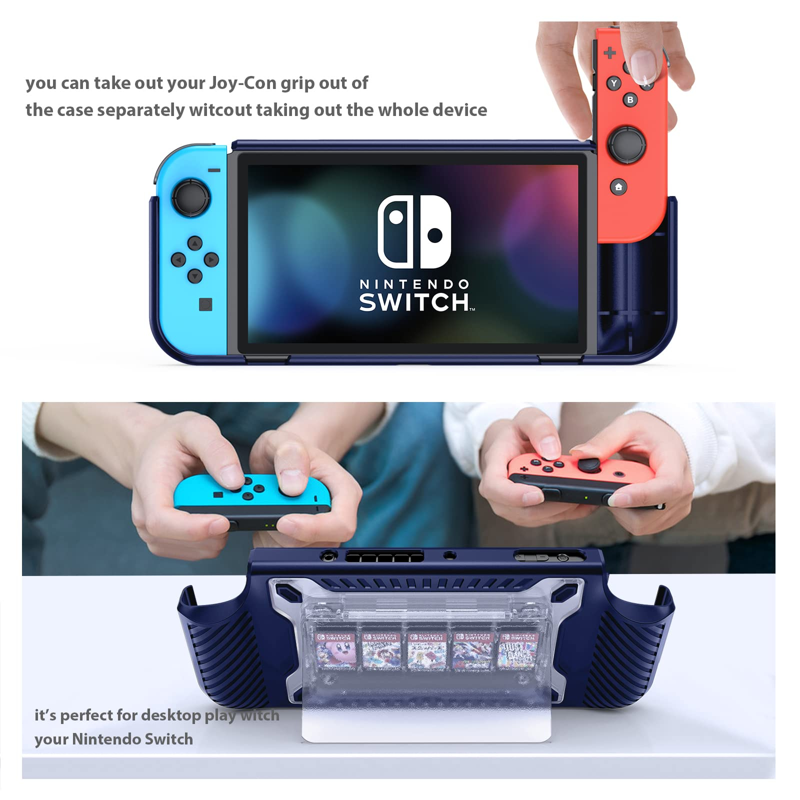Zwei Bilder, die eine Nintendo Switch-Konsole mit angebrachten und entfernten Joy-Cons zeigen, Spielkassetten.