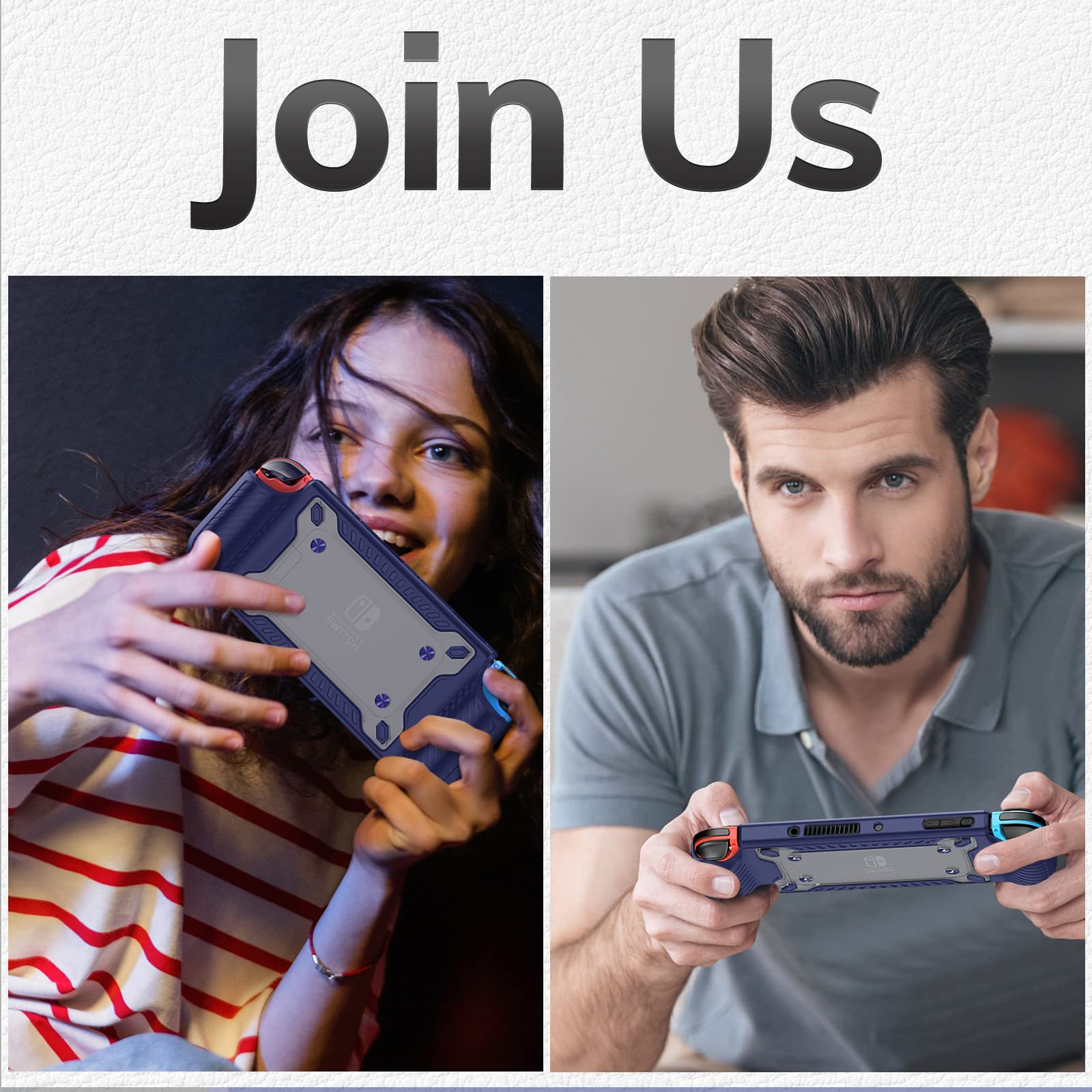 Zwei Personen halten Nintendo Switch-Konsolen. Der Text lautet 'Mach mit' oben.