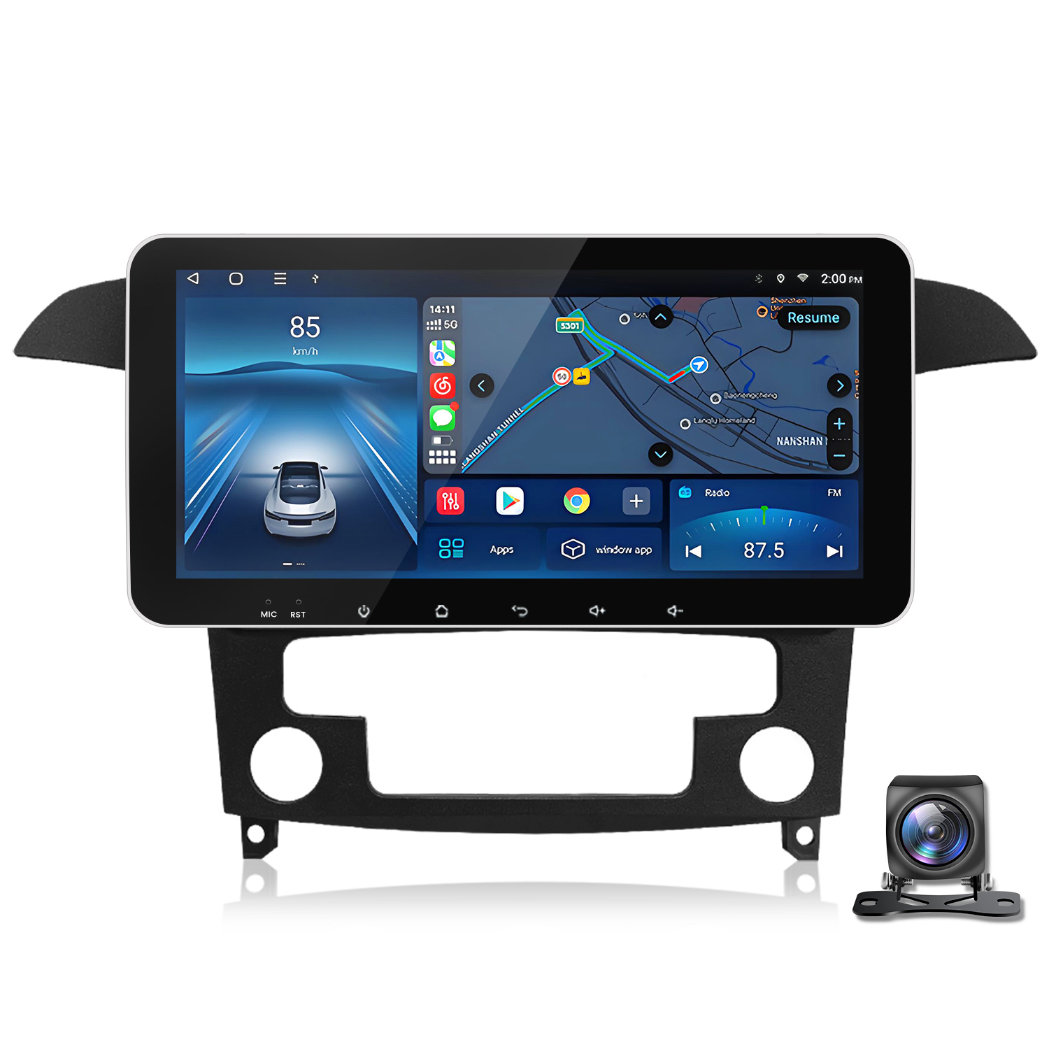 Armaturenbrett eines Autos mit großem Bildschirm, der Navigation und Rückfahrkamera anzeigt.