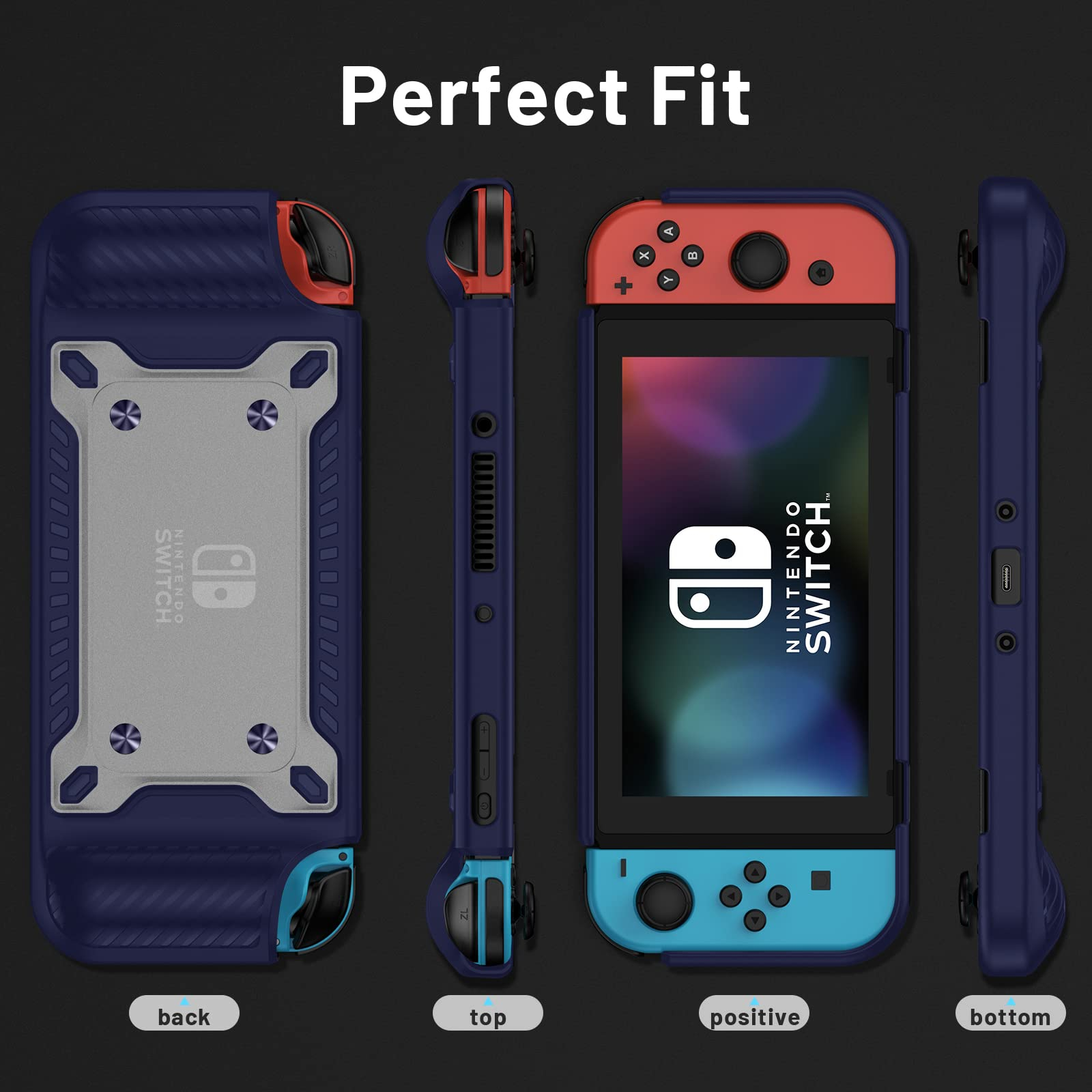 Nintendo Switch in einer Schutzhülle, aus mehreren Blickwinkeln gezeigt: Rückseite, oben, positiv, unten.