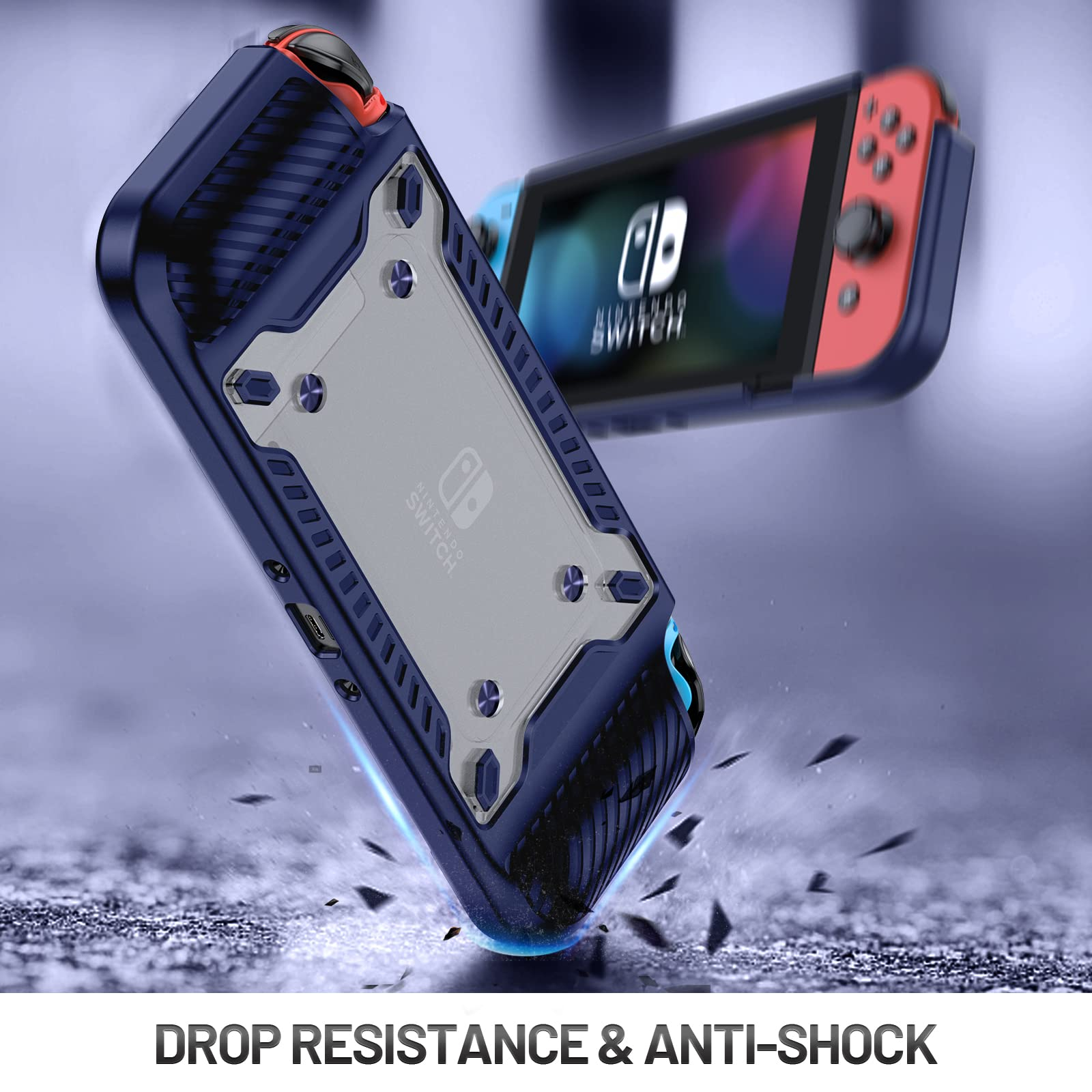 Nintendo Switch in blauer Schutzhülle, die mit visuellen Effekten fällt. Text sagt 'Sturzfestigkeit'.