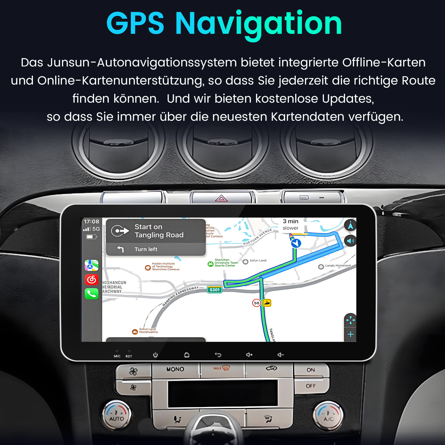 Auto-Armaturenbrett mit GPS-Navigation, zeigt eine Karte mit Wegbeschreibungen auf dem Bildschirm.