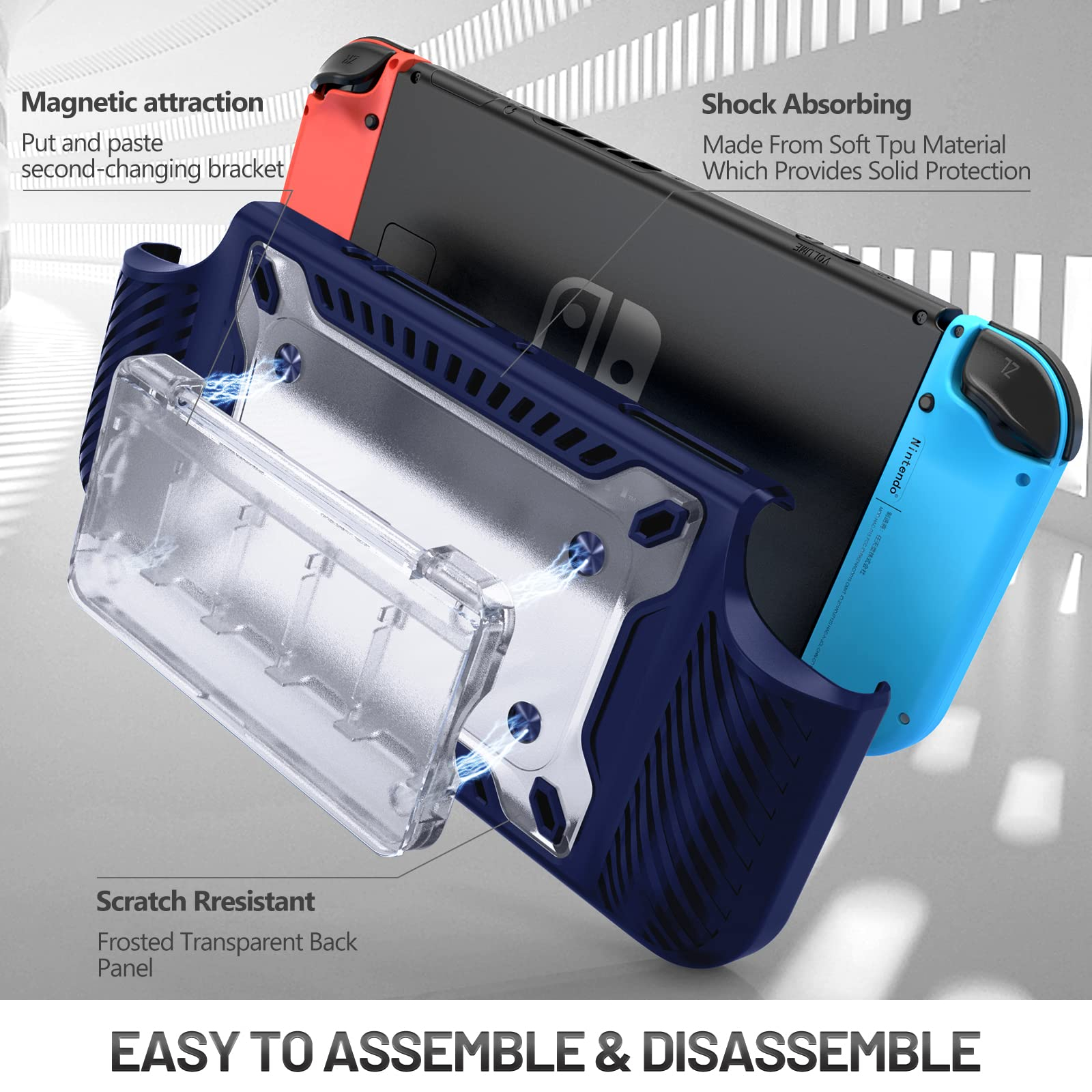 Blau-rotes Nintendo Switch mit Schutzhülle, zeigt magnetische Anziehung und Stoßabsorption.