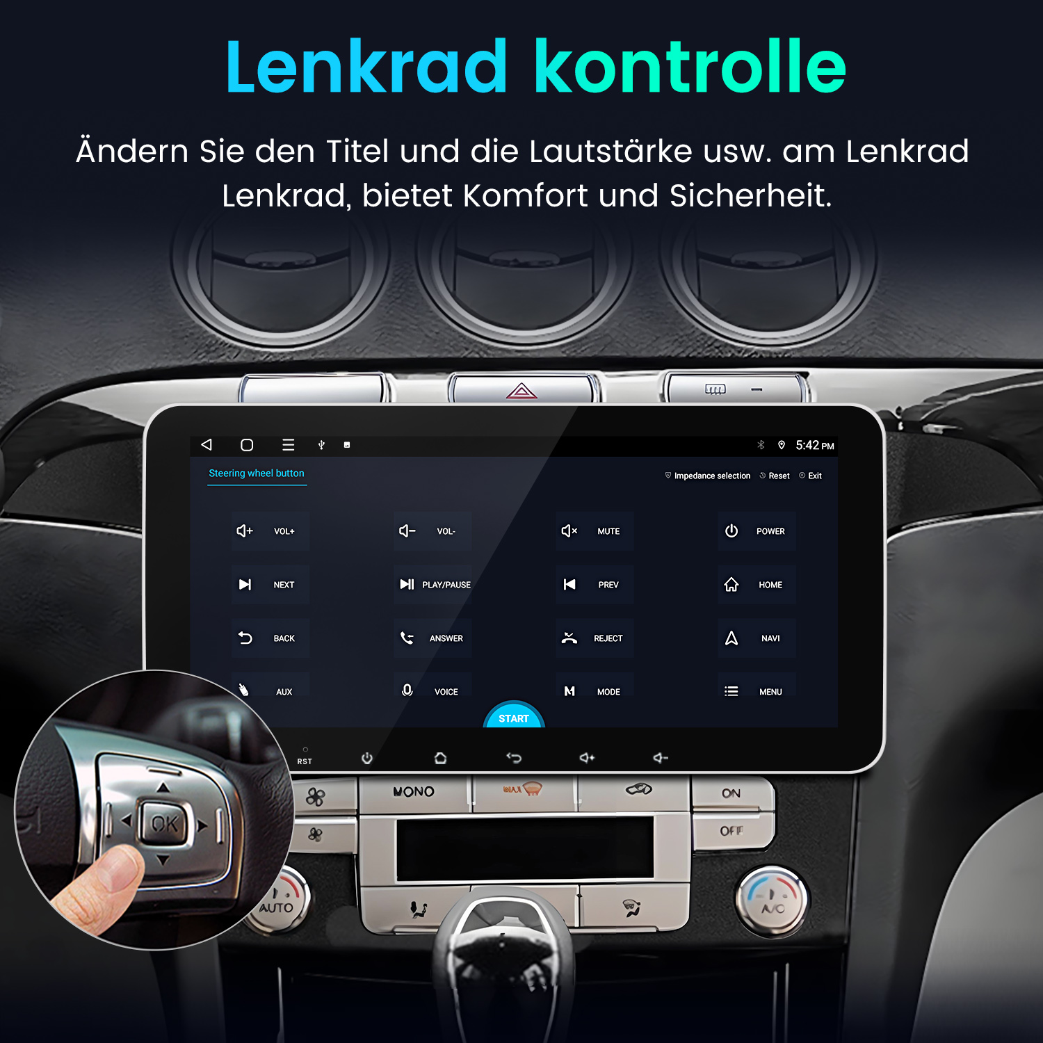 Armaturenbrett eines Autos mit großem Bildschirm, der Steuerungsoptionen und eine Lenkradtaste anzeigt.