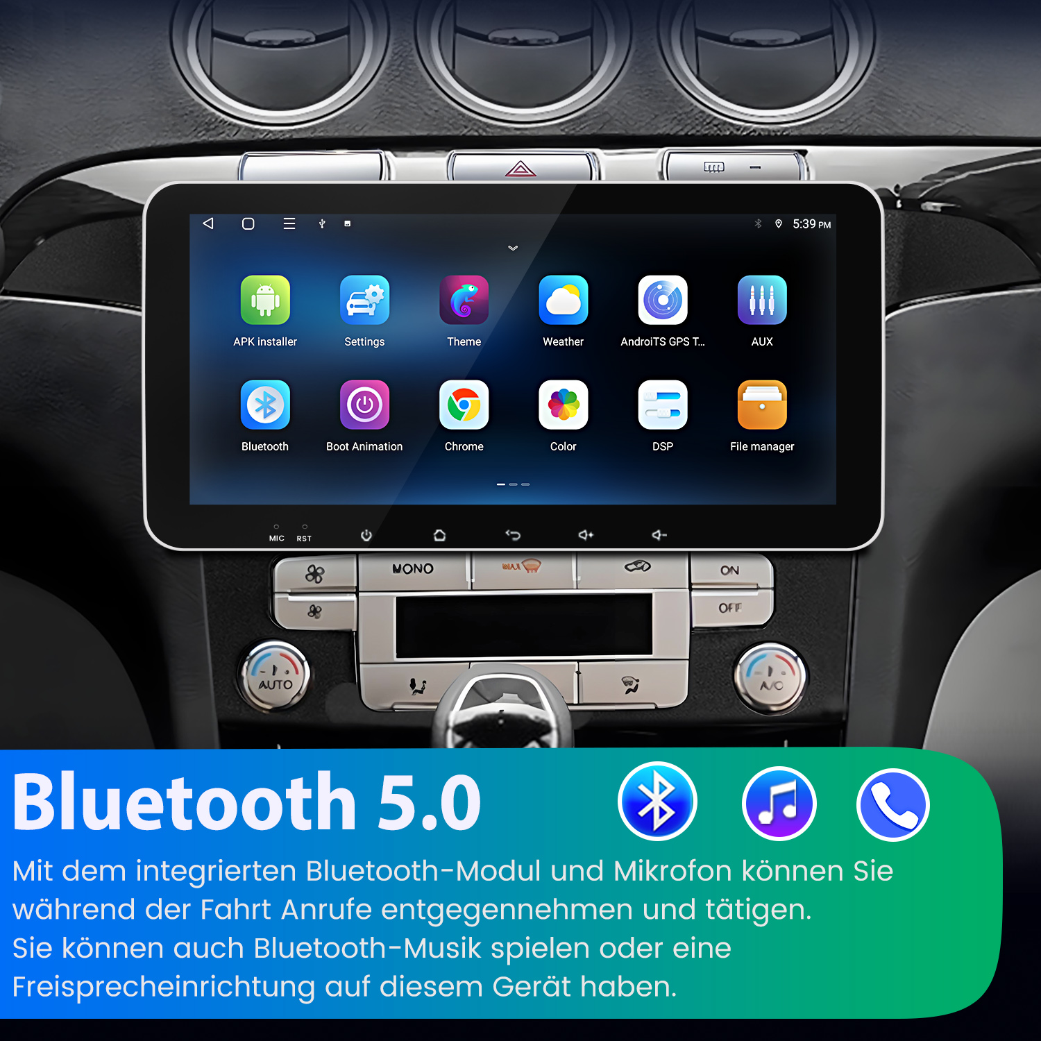 Armaturenbrett mit großem Bildschirm, der Symbole anzeigt. Text darunter lautet 'Bluetooth 5.0'.
