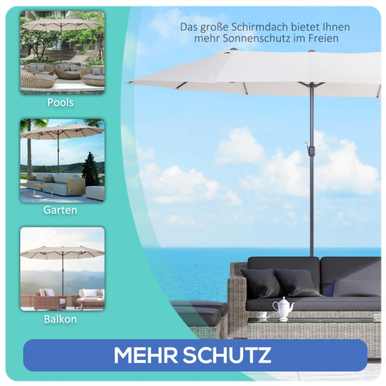 Szene im Freien mit weißem Schirm über einem Sitzbereich und Text, der mehr Schatten anzeigt.