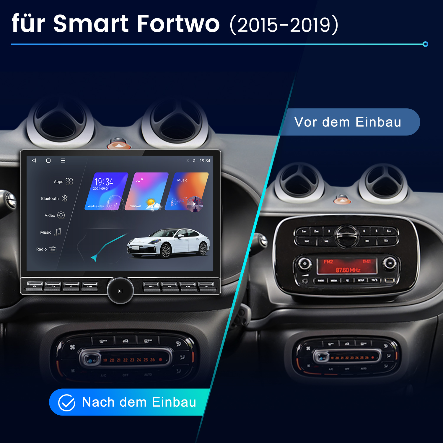 Autoinstrumententafel-Vergleich: altes Radio vs. neuer Touchscreen mit Automodell auf dem Bildschirm.